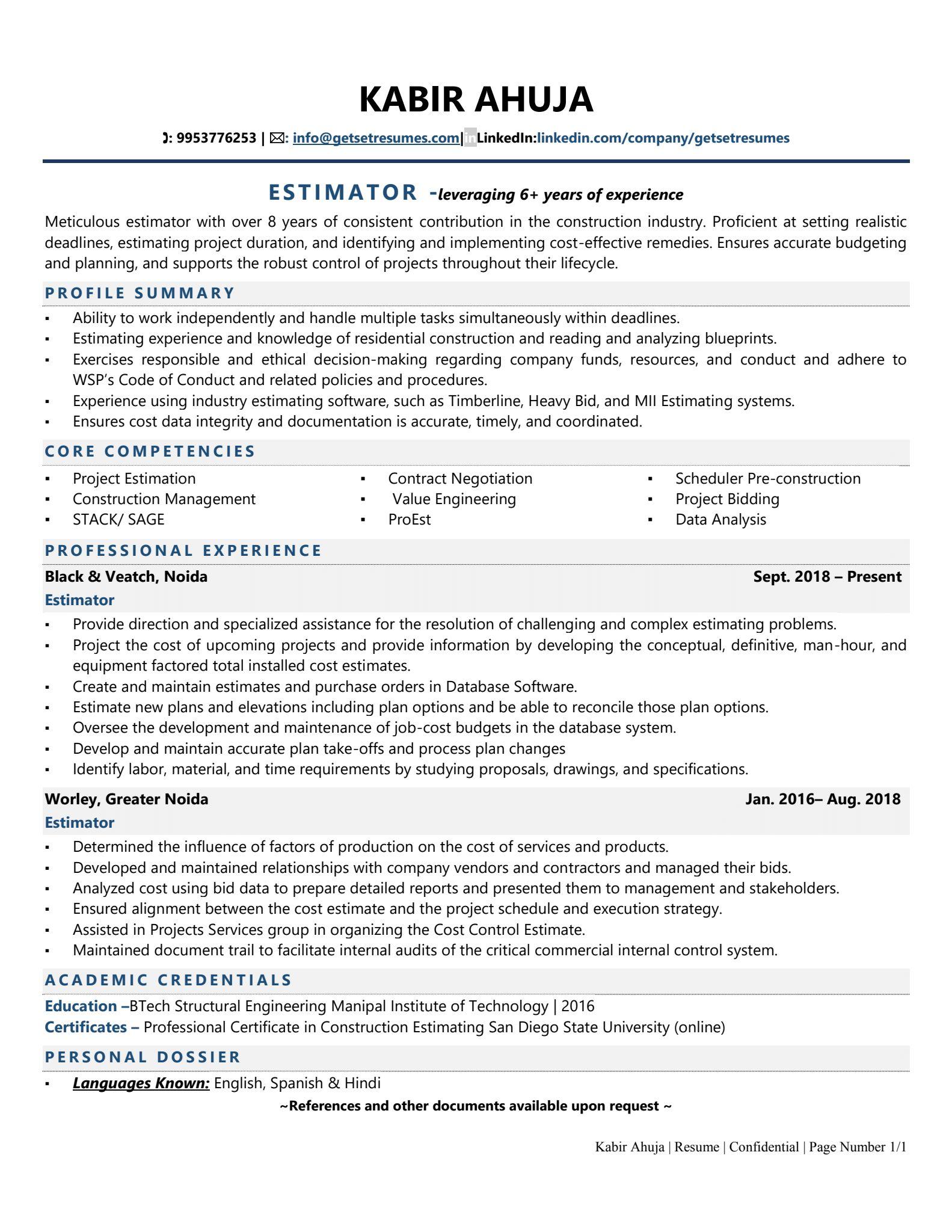 Estimator - Resume Example & Template