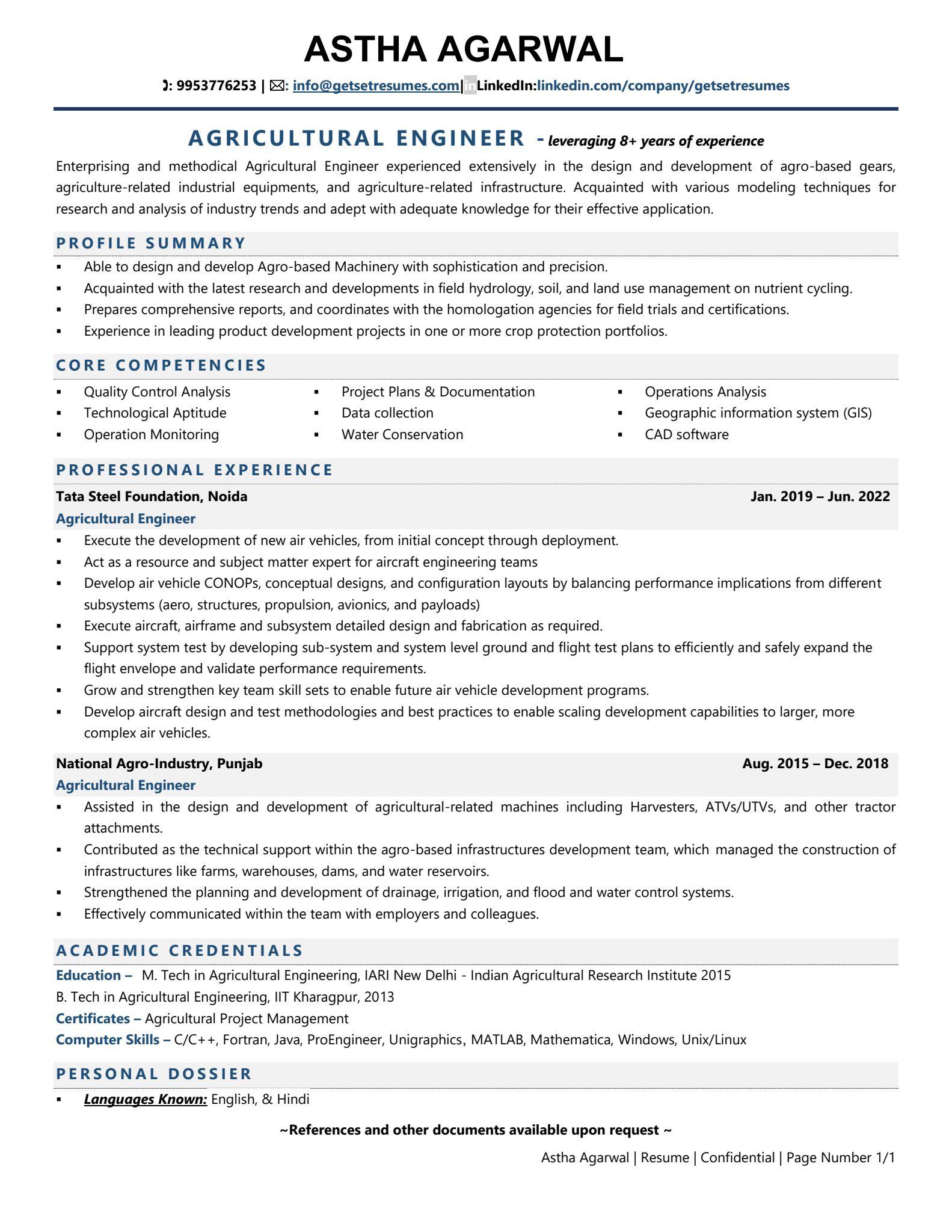 Agricultural Engineer - Resume Example & Template