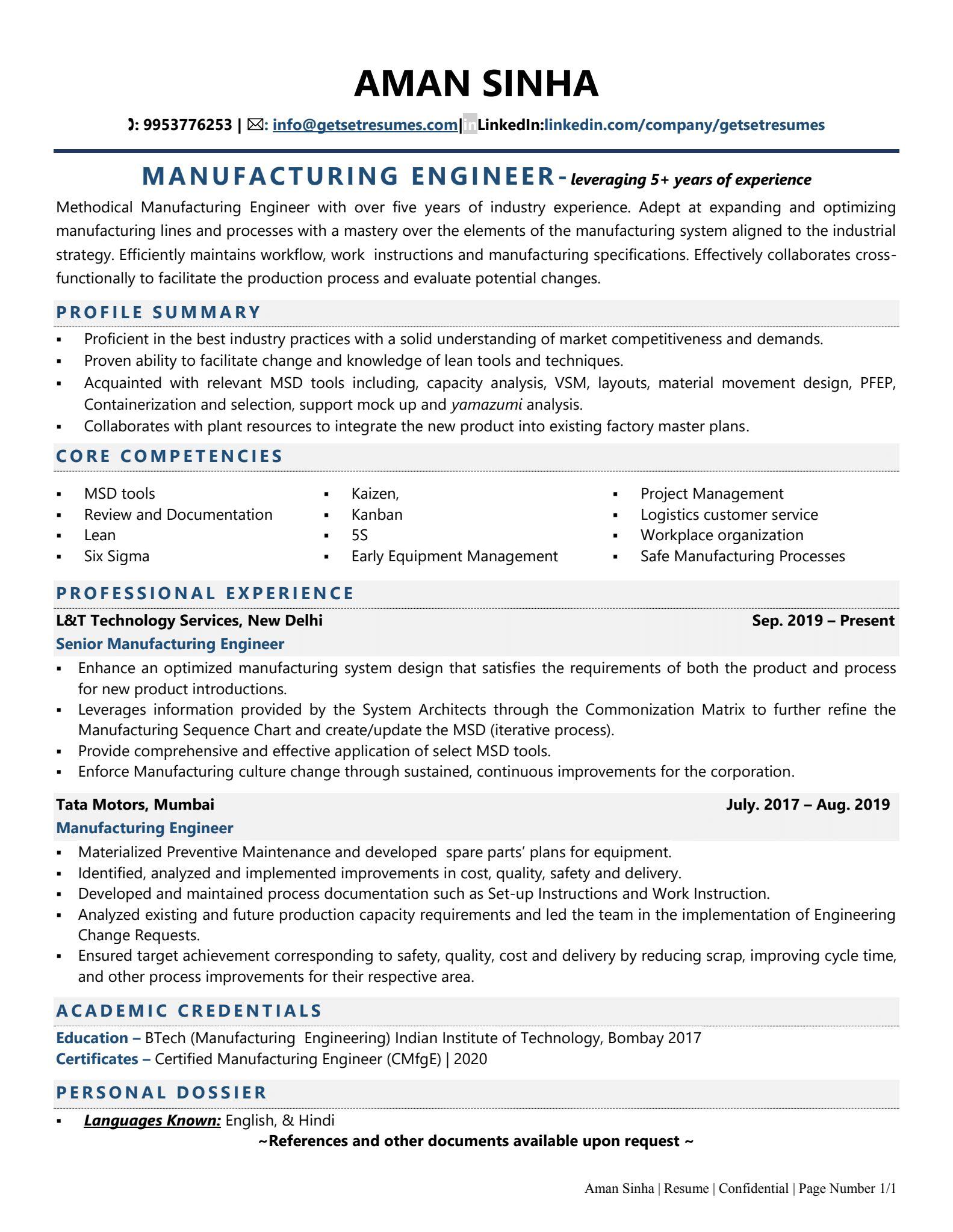 Manufacturing Engineer - Resume Example & Template