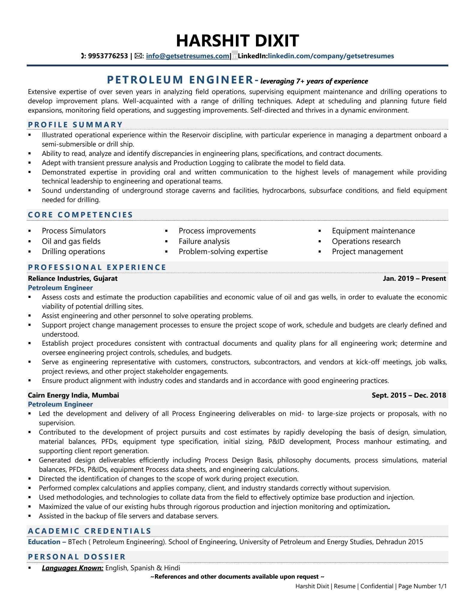 Petroleum & Energy Engineer - Resume Example & Template