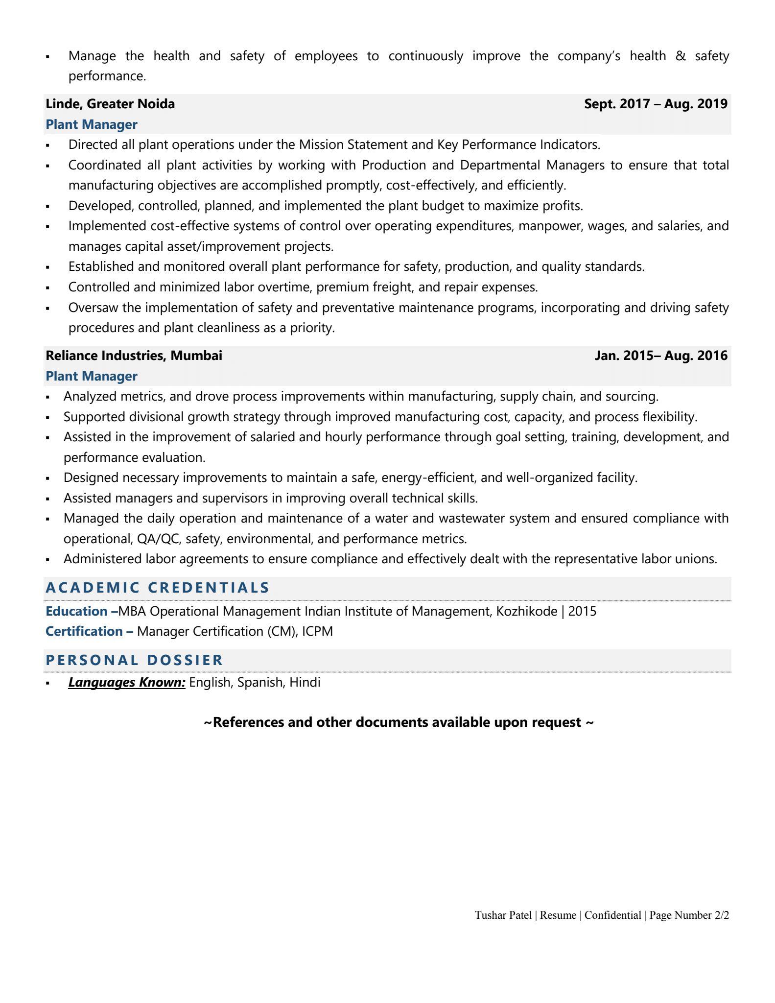 Plant Manager - Resume Example & Template