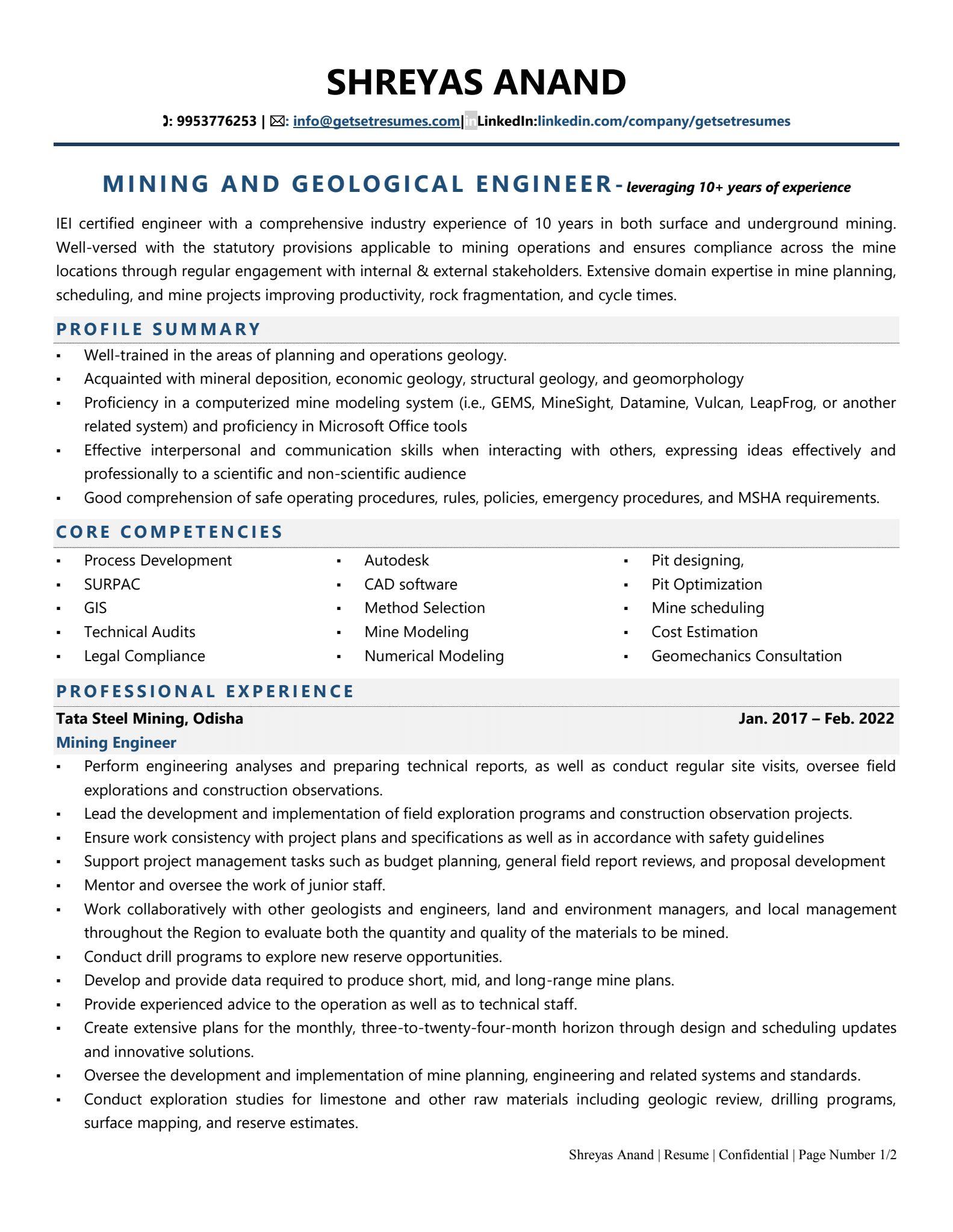 Mining & Geological Engineer - Resume Example & Template