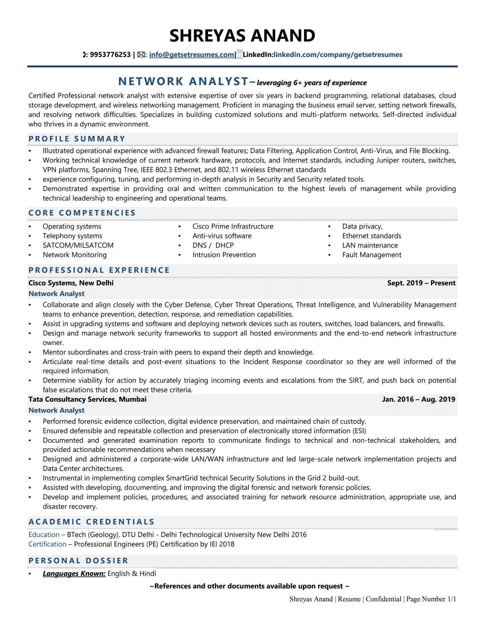 Network Analyst - Resume Example & Template