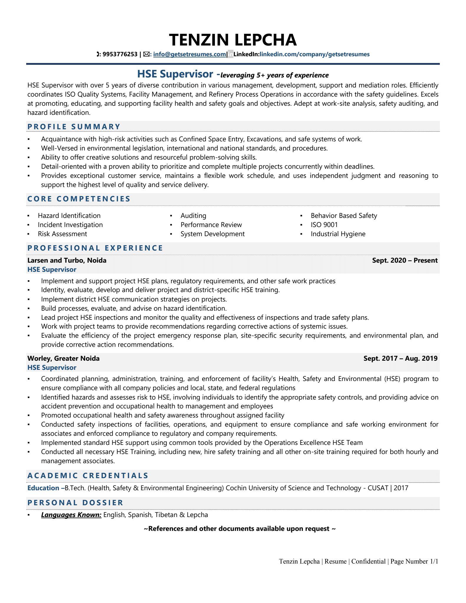 Health, Safety and Environment Supervisor - Resume Example & Template