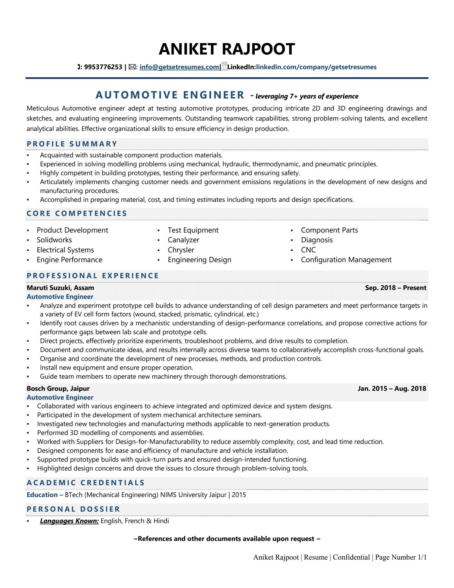 Automotive Engineer - Resume Example & Template