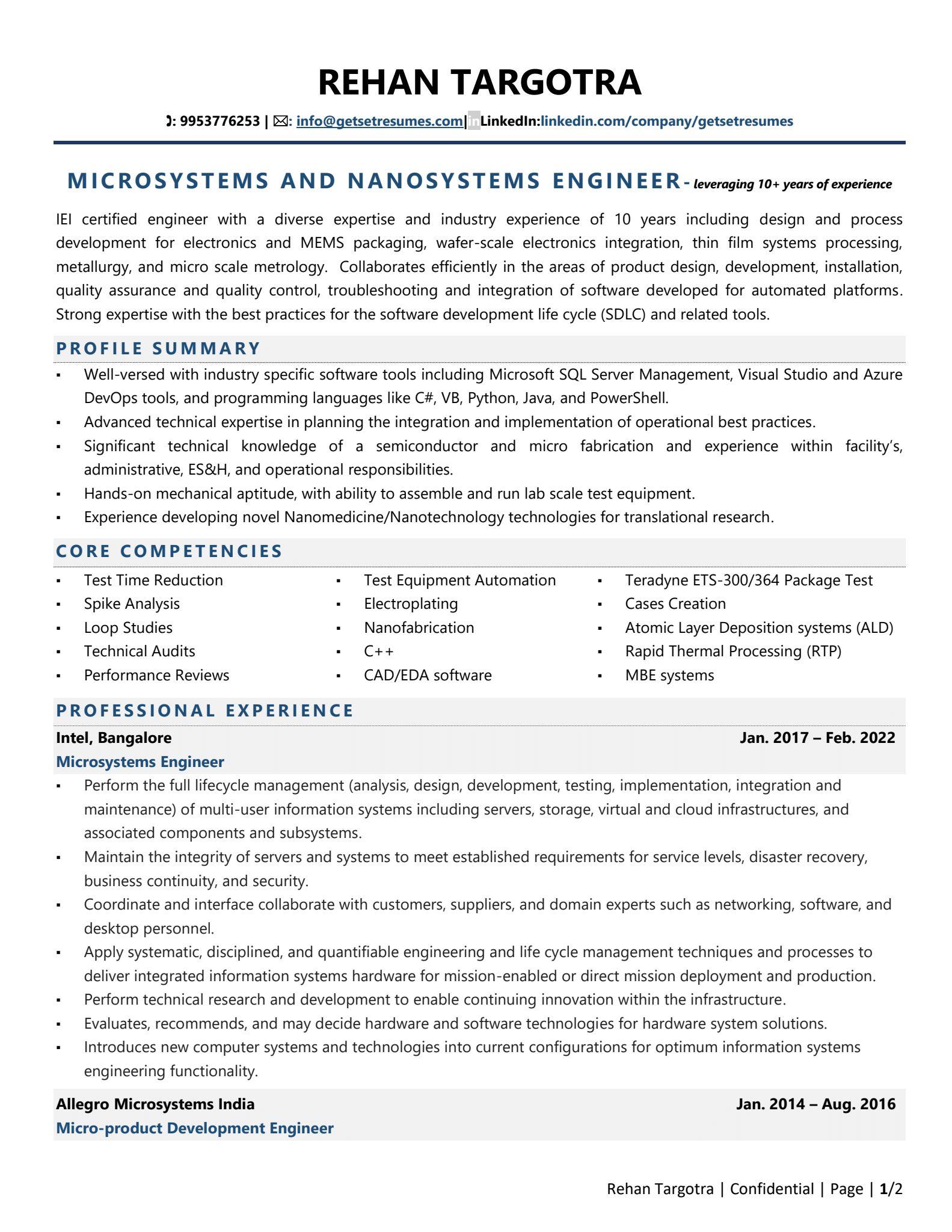 Microsystems & Nanosystems Engineer - Resume Example & Template