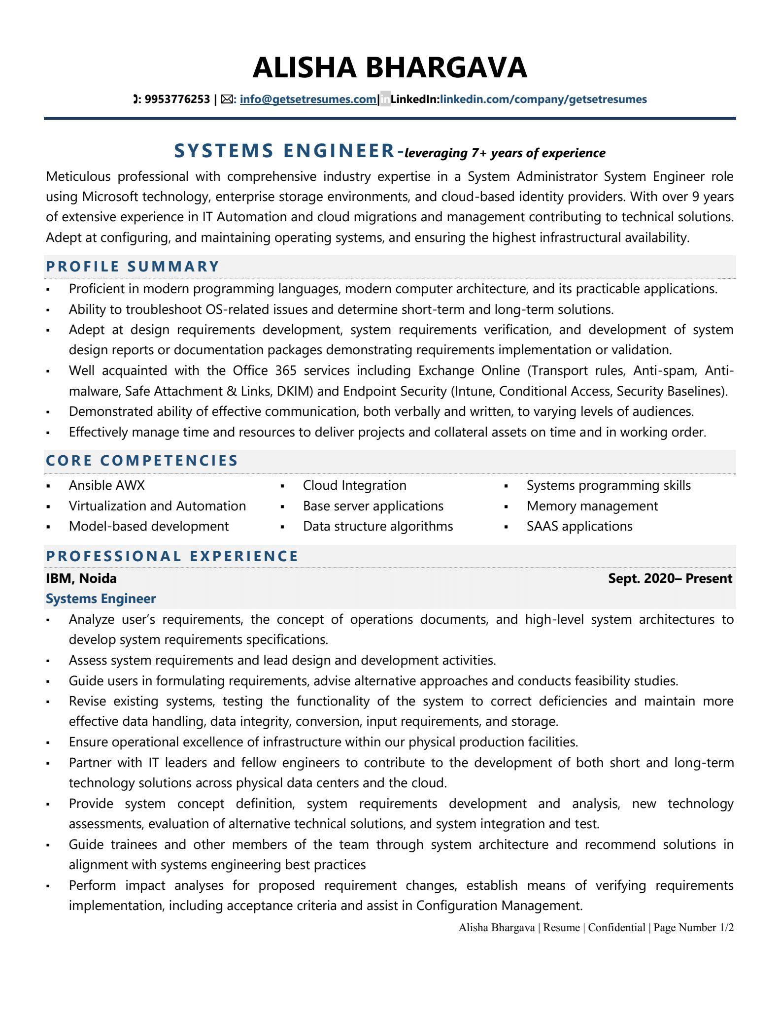 Systems Engineer - Resume Example & Template