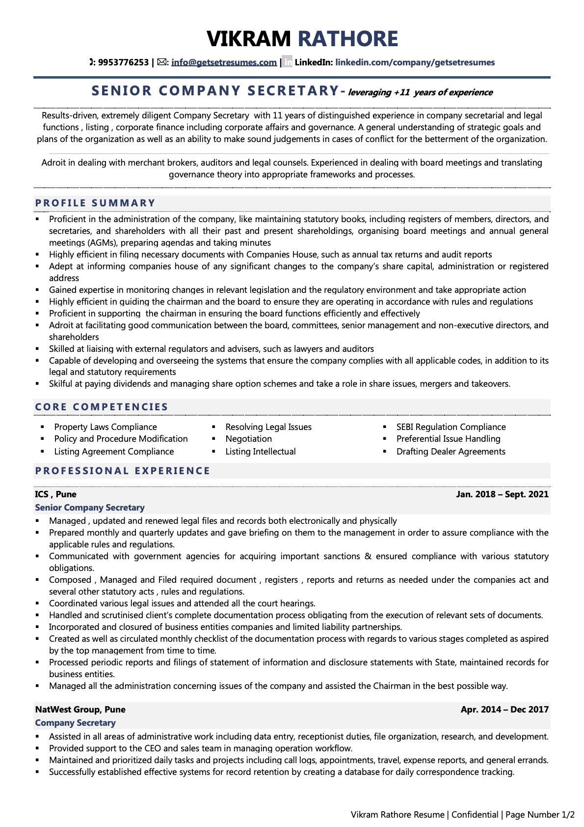 Company Secretary - Resume Example & Template