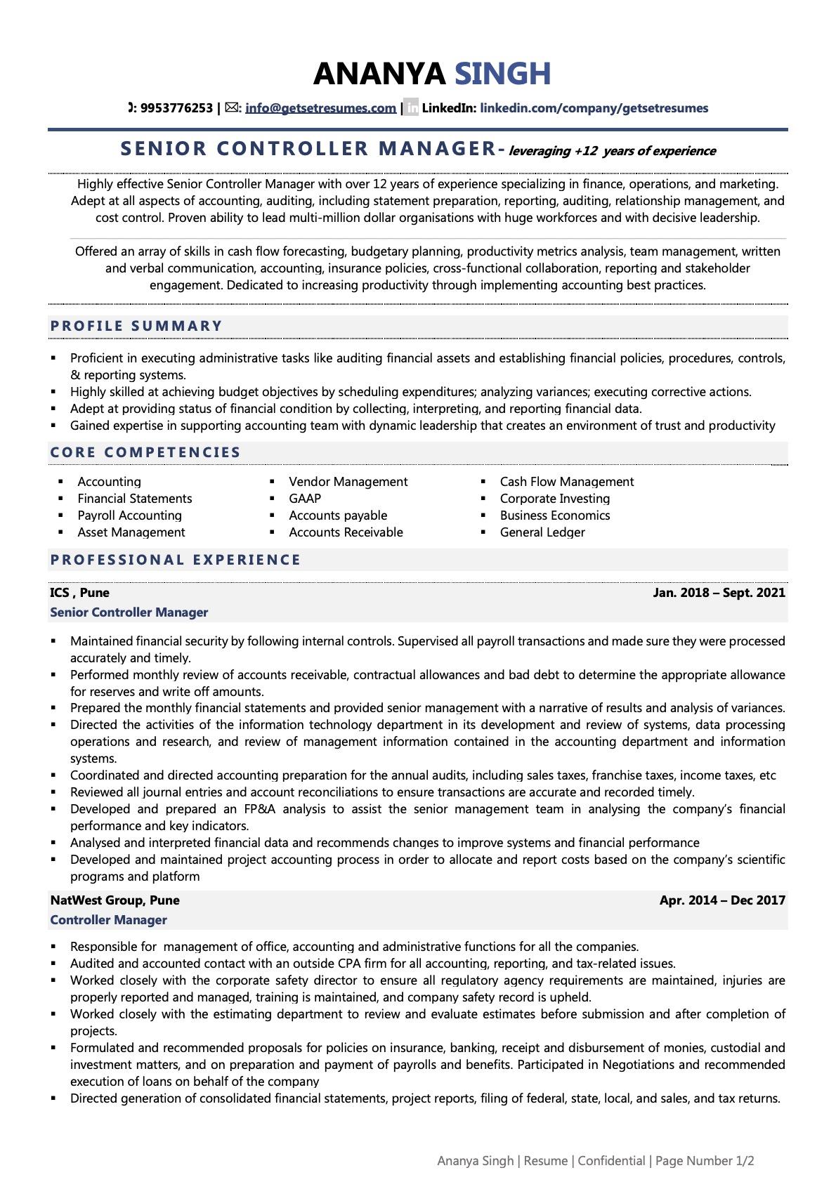 controller resume job description