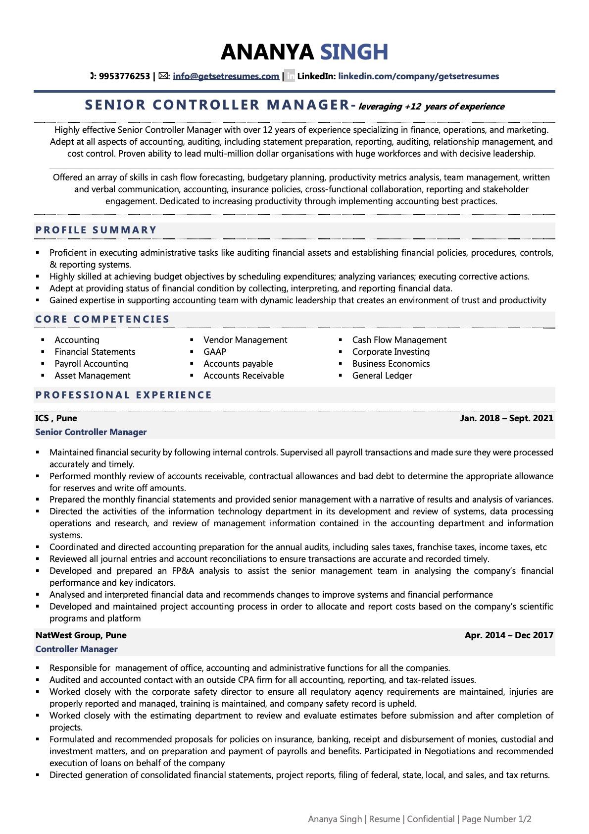 Controller Resumes Examples