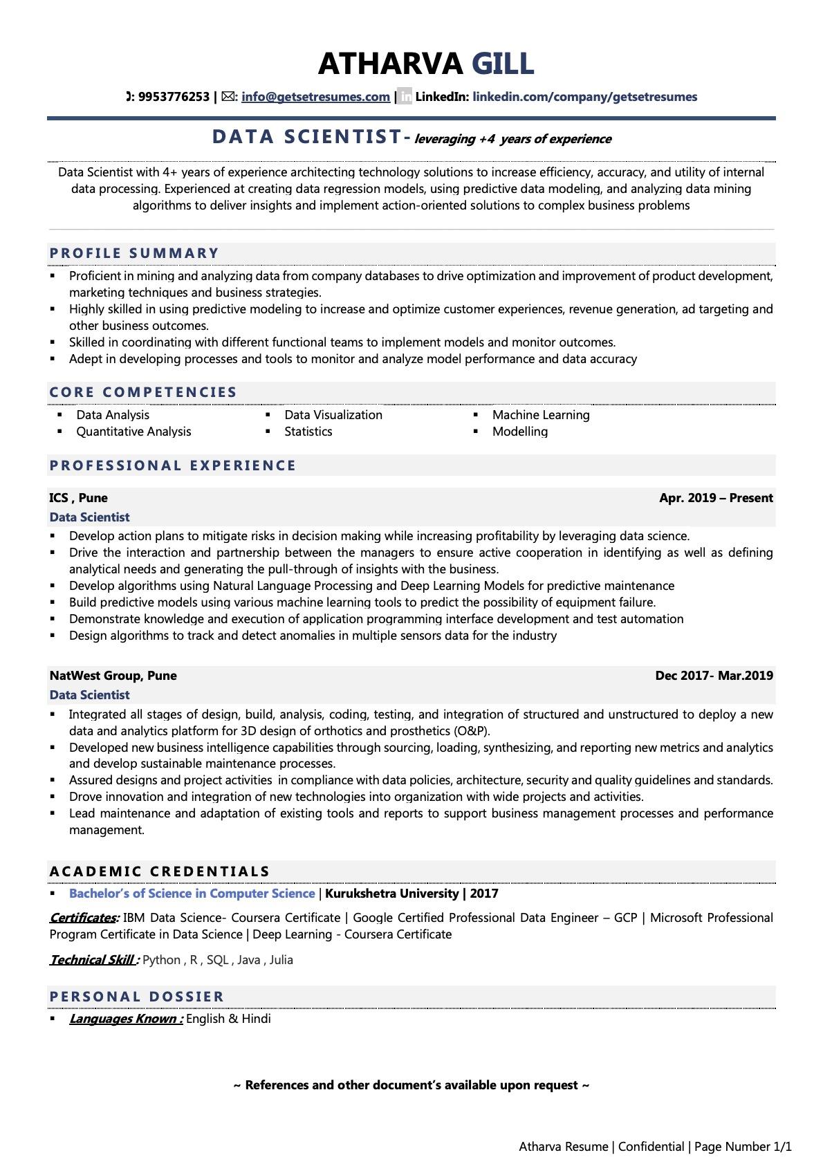 professional summary in resume for data scientist