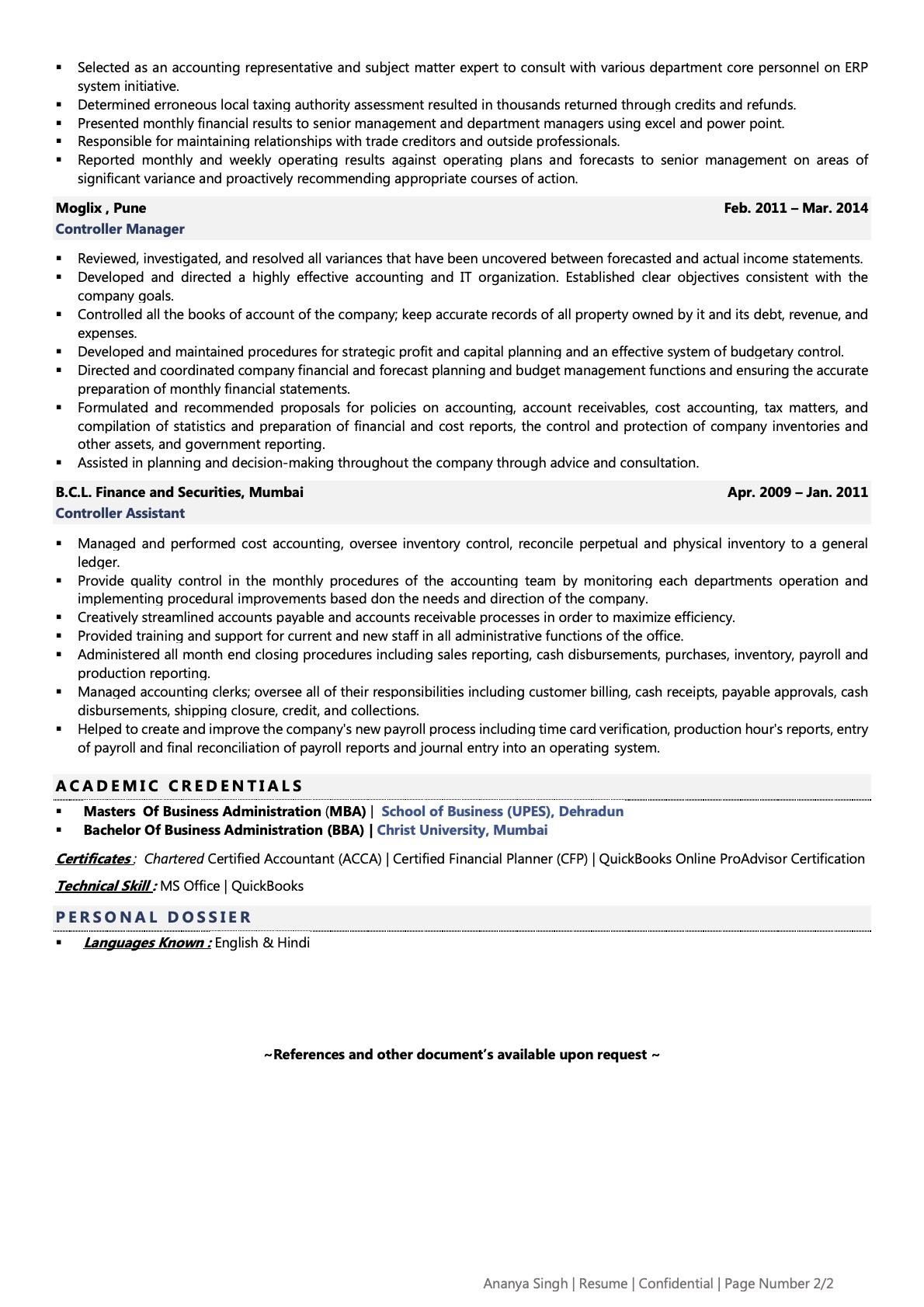 Controller - Resume Example & Template