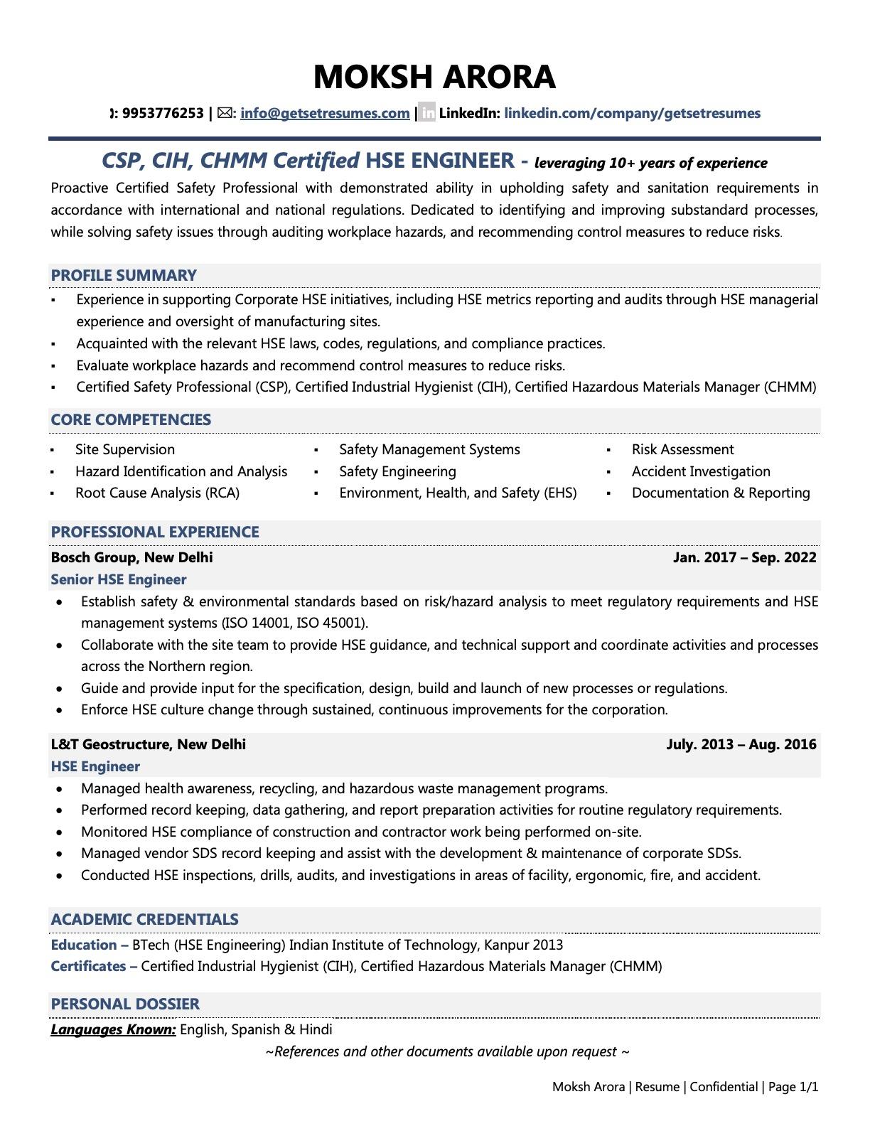 HSE Engineer - Resume Example & Template