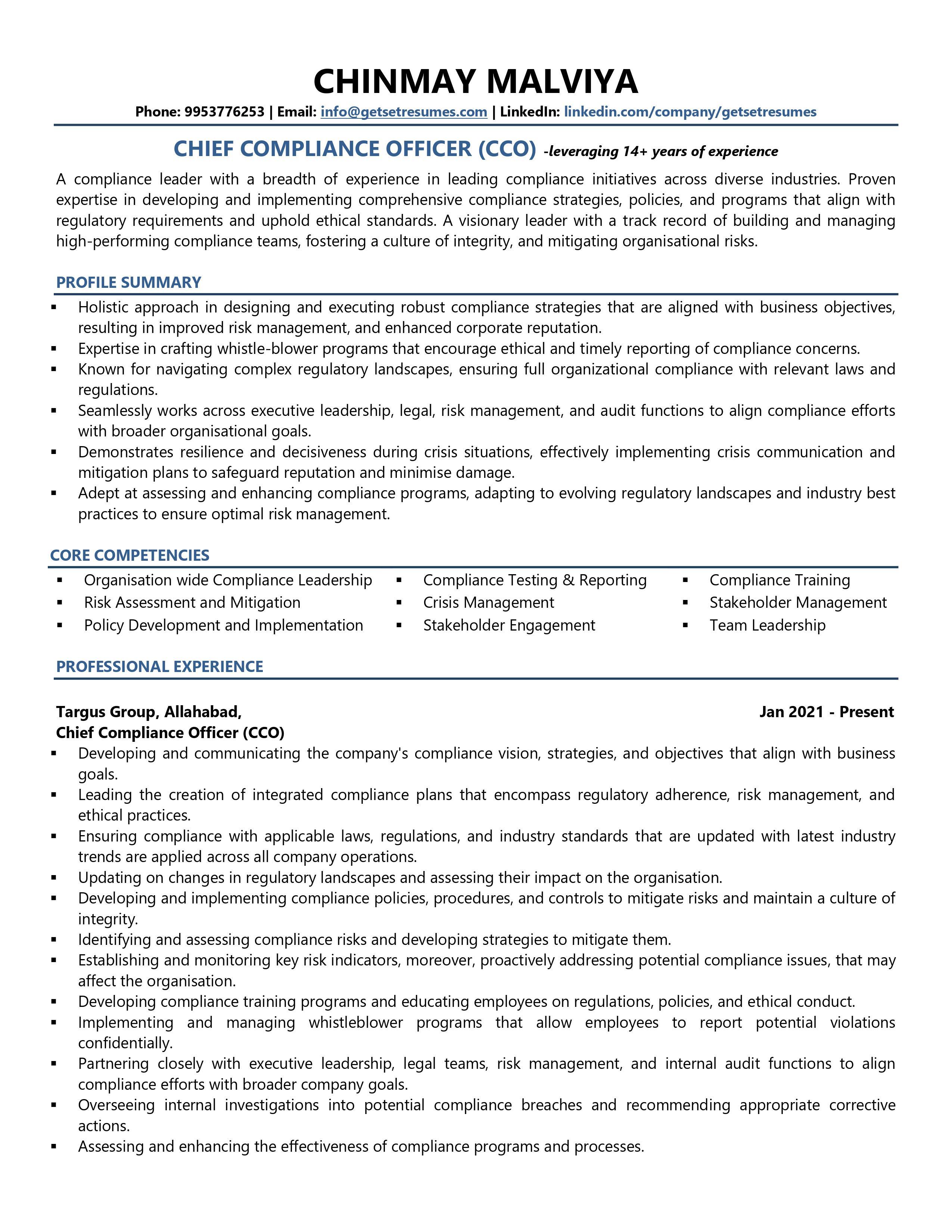 Chief Compliance Officer - Resume Example & Template