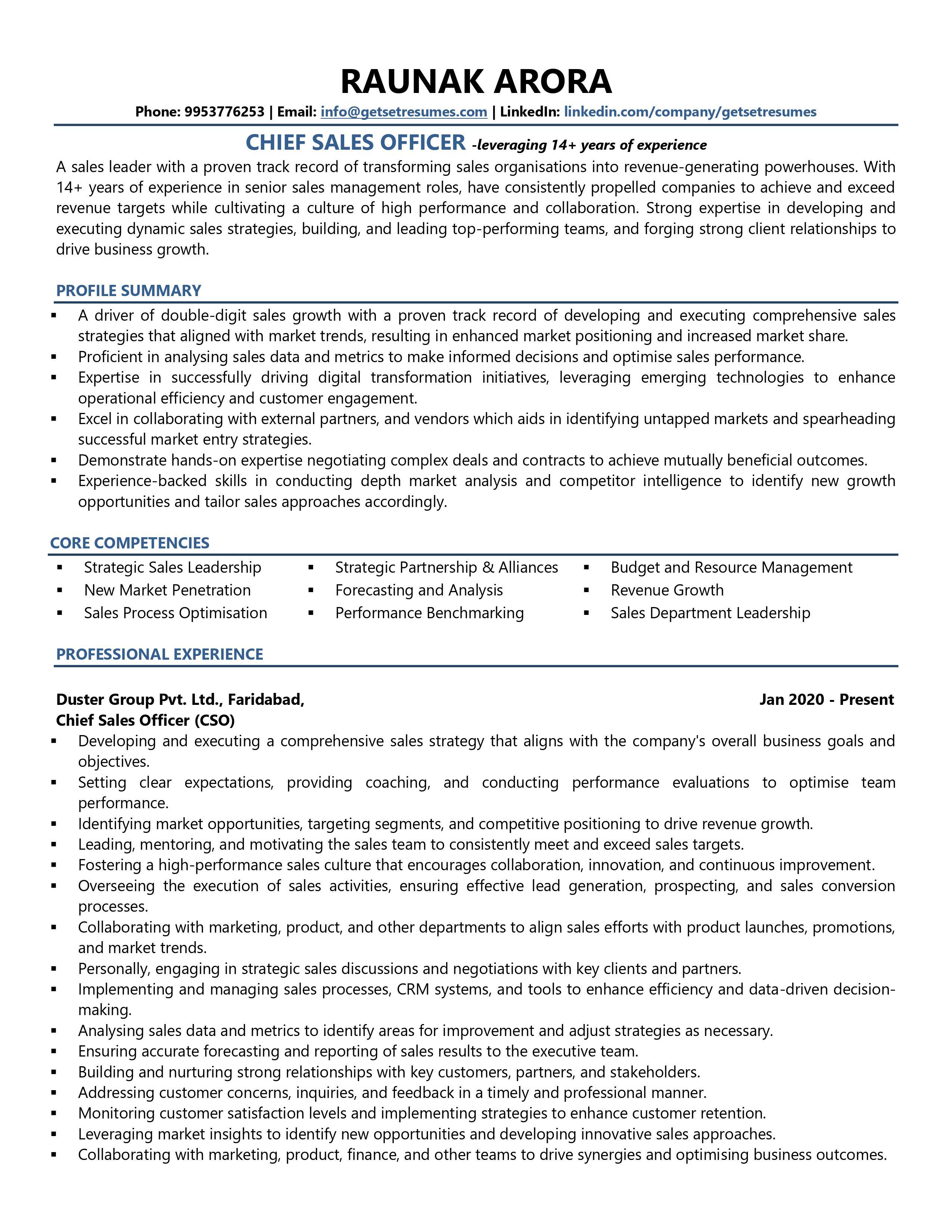 Chief Sales Officer - Resume Example & Template