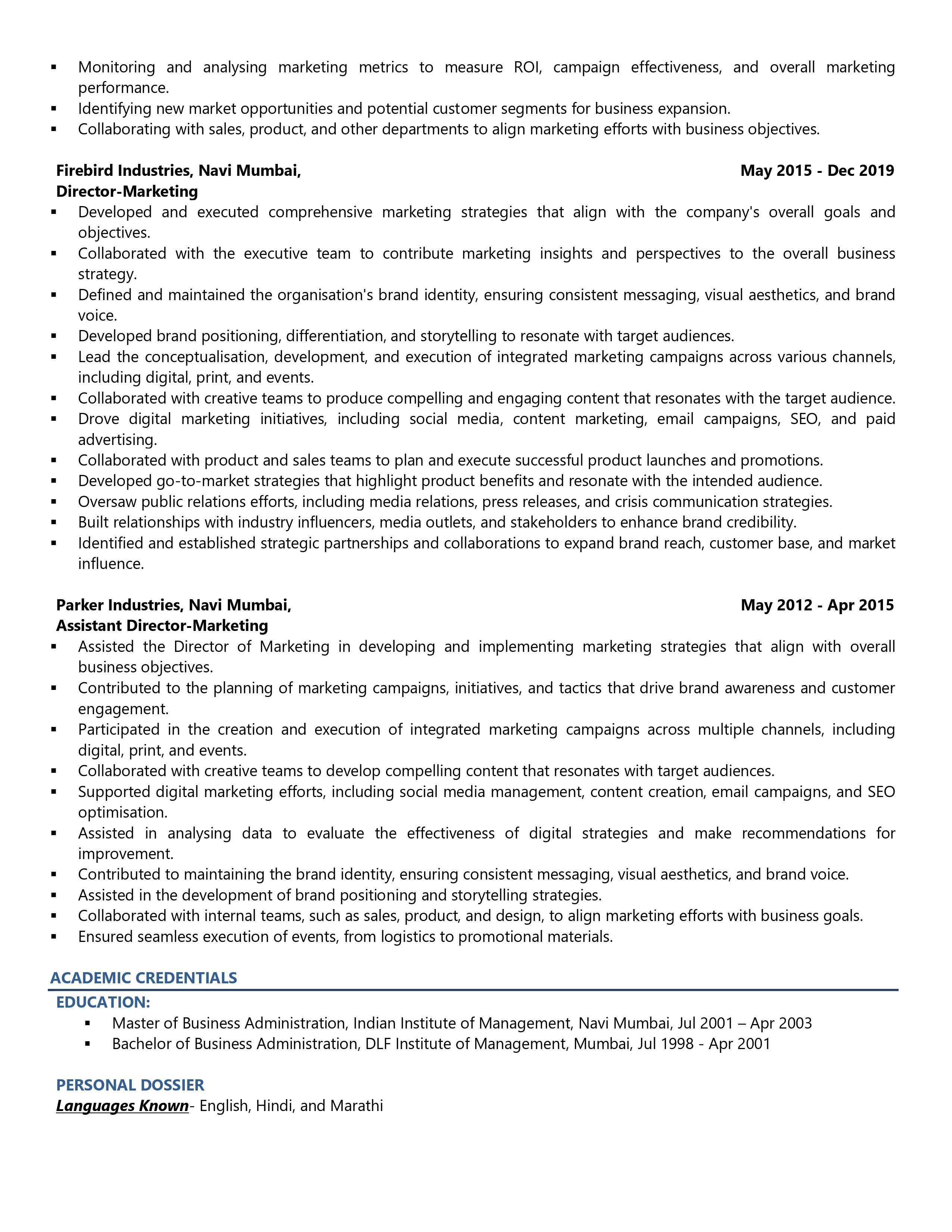 VP-Marketing - Resume Example & Template