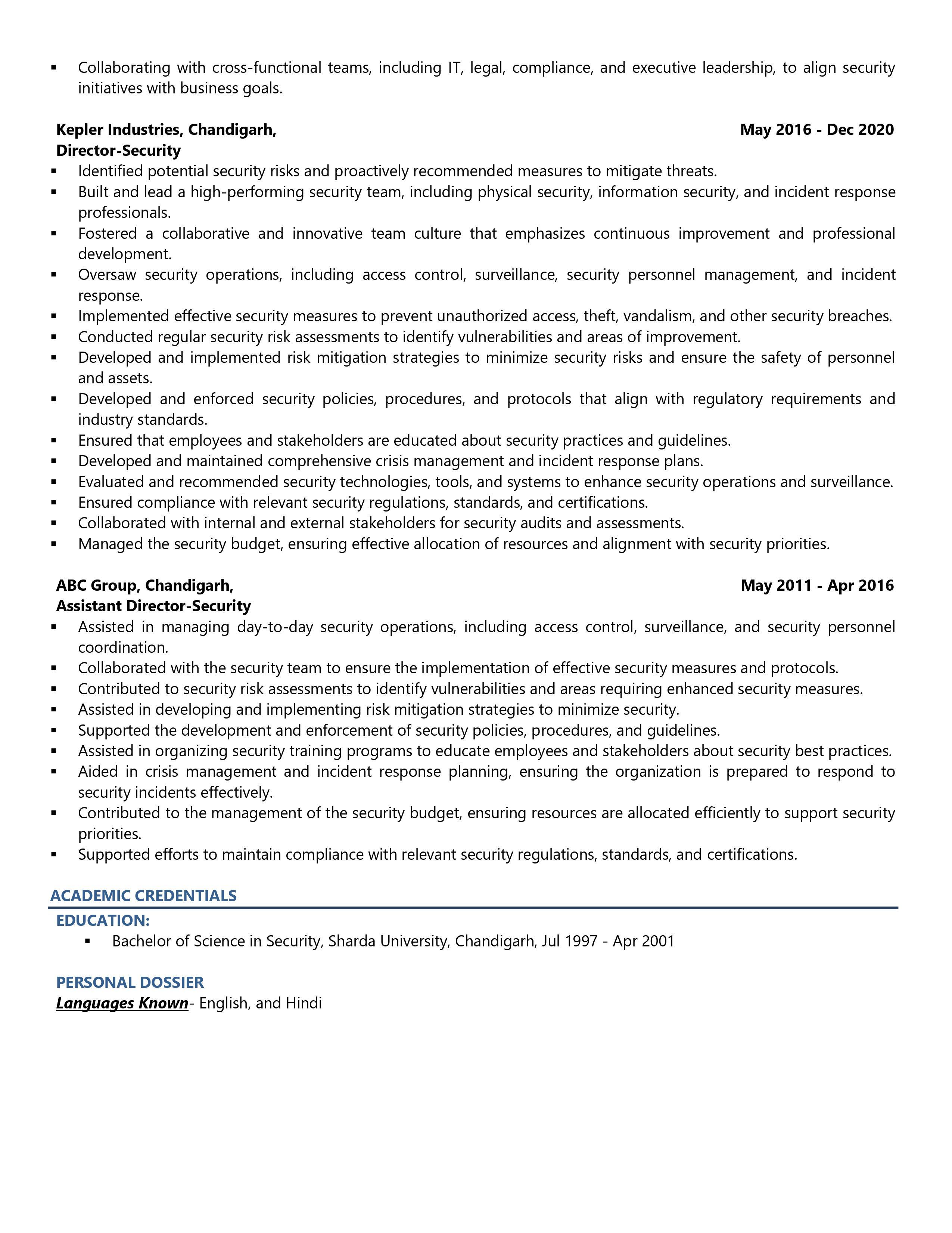 Chief Security Officer - Resume Example & Template