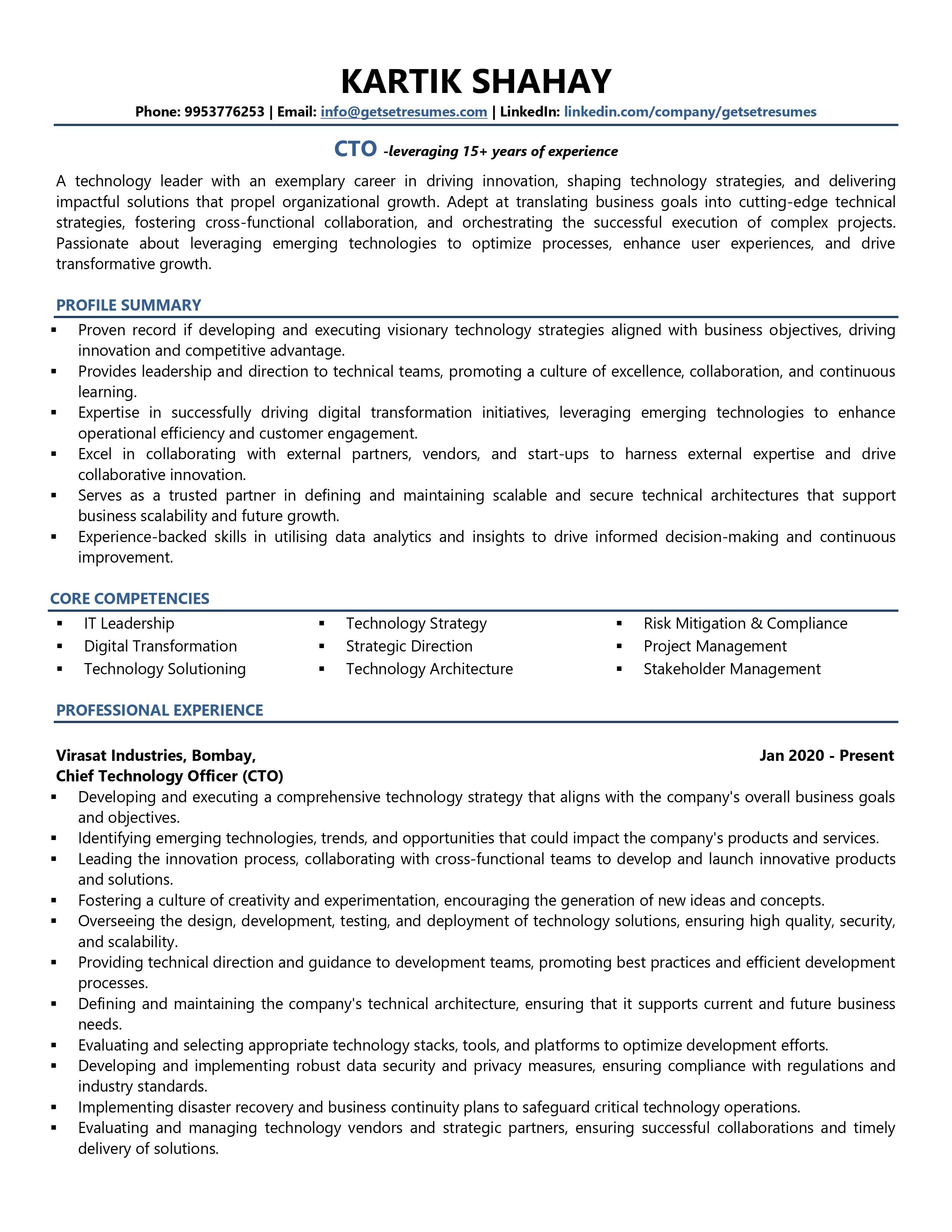 Chief Technology Officer (CTO) - Resume Example & Template