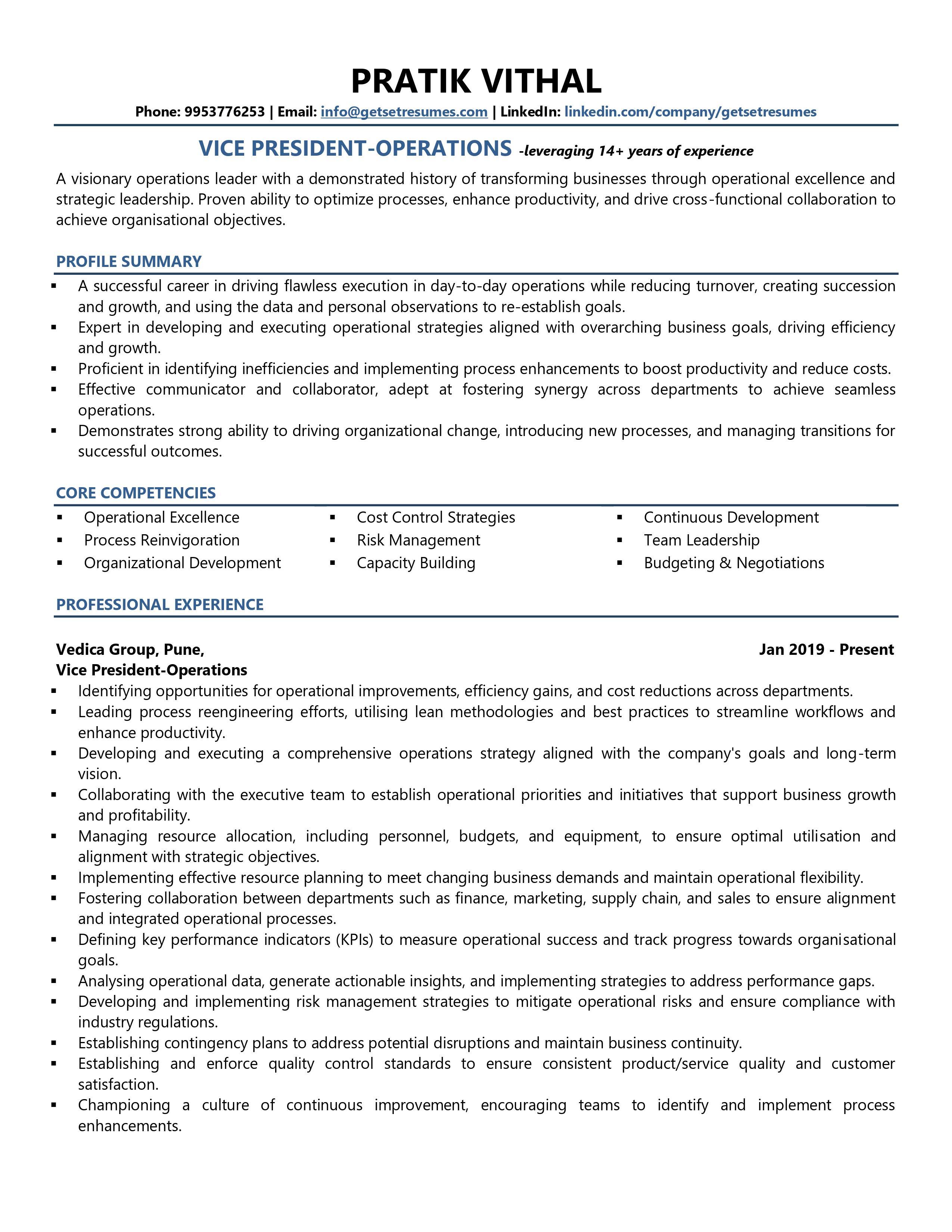 VP-Operations - Resume Example & Template