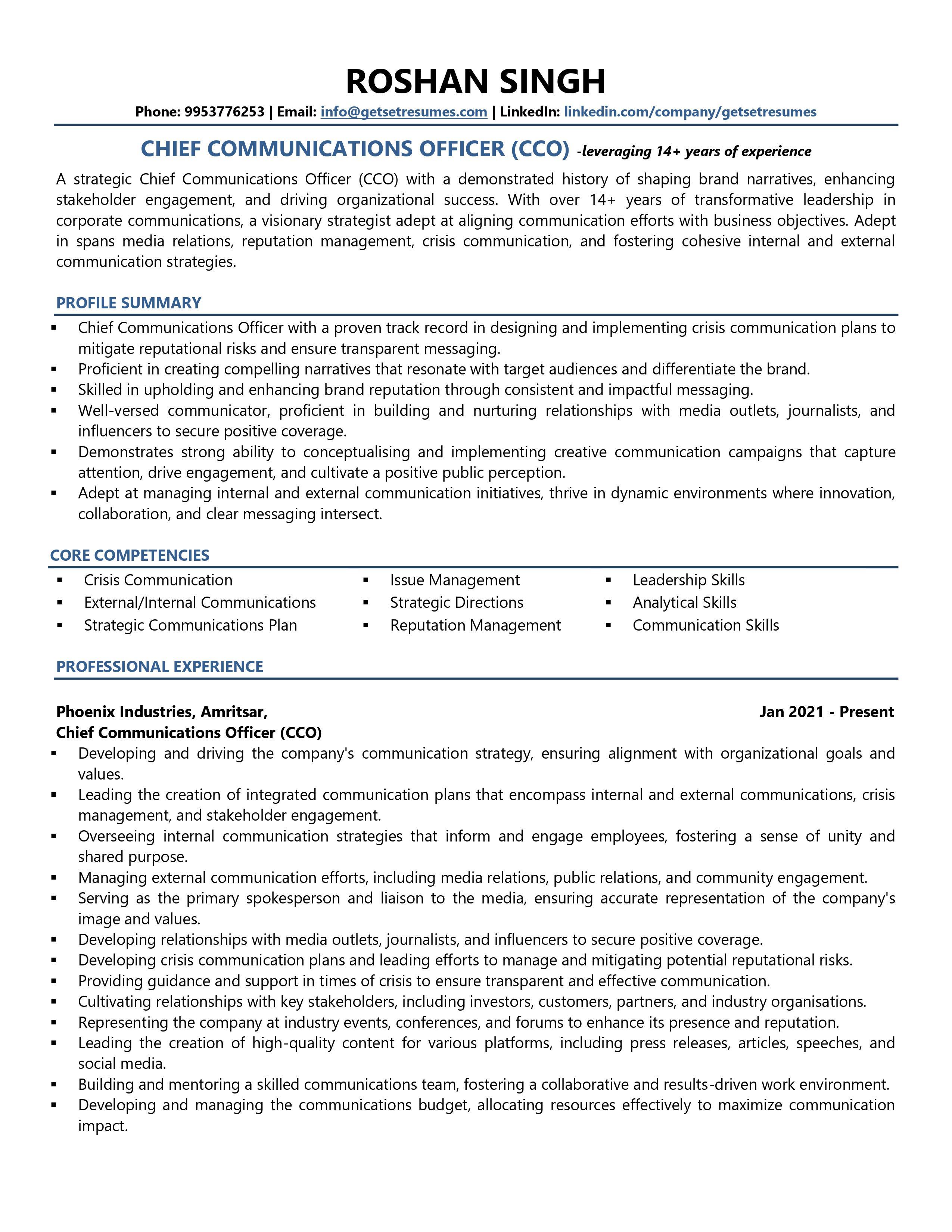 Chief Communication Officer - Resume Example & Template