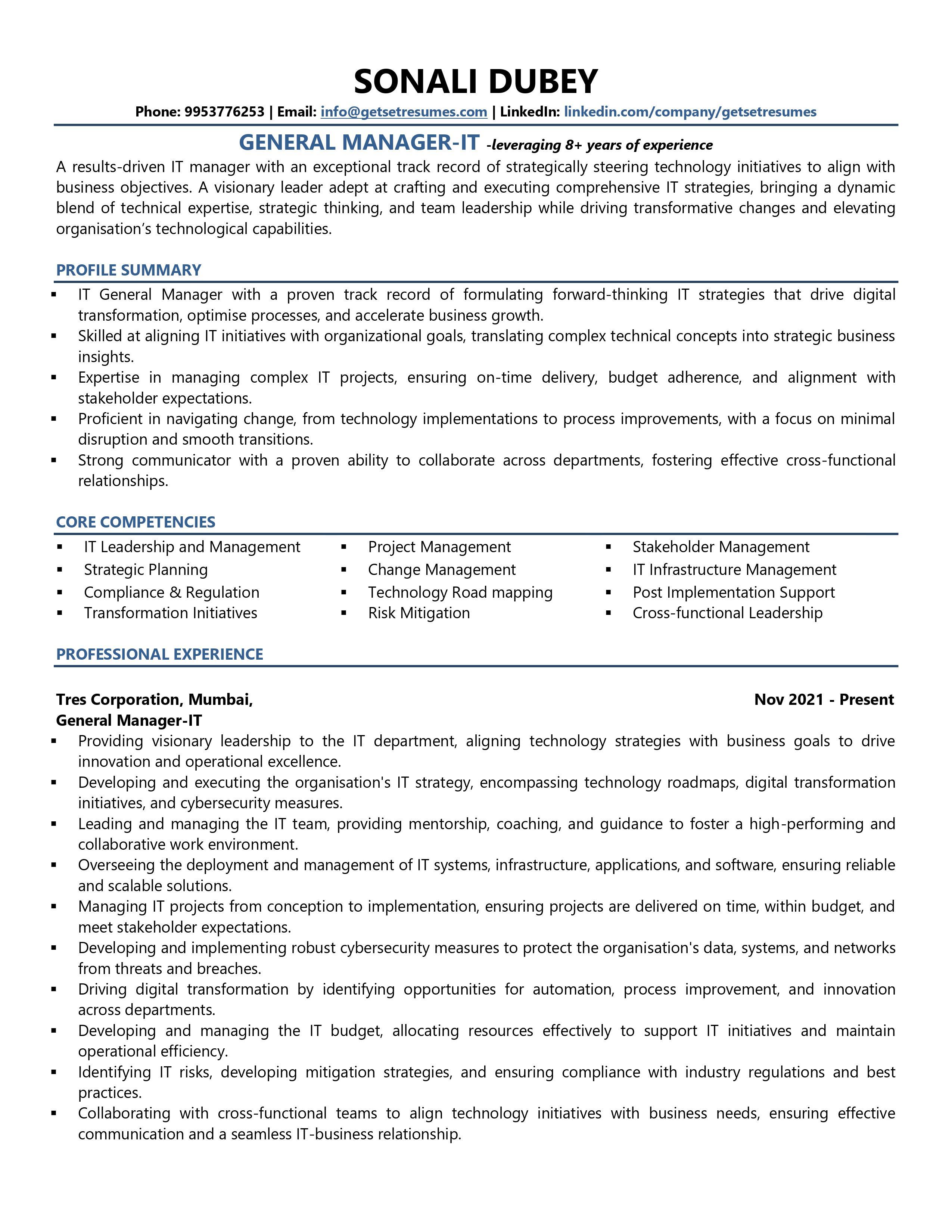 General Manager IT - Resume Example & Template