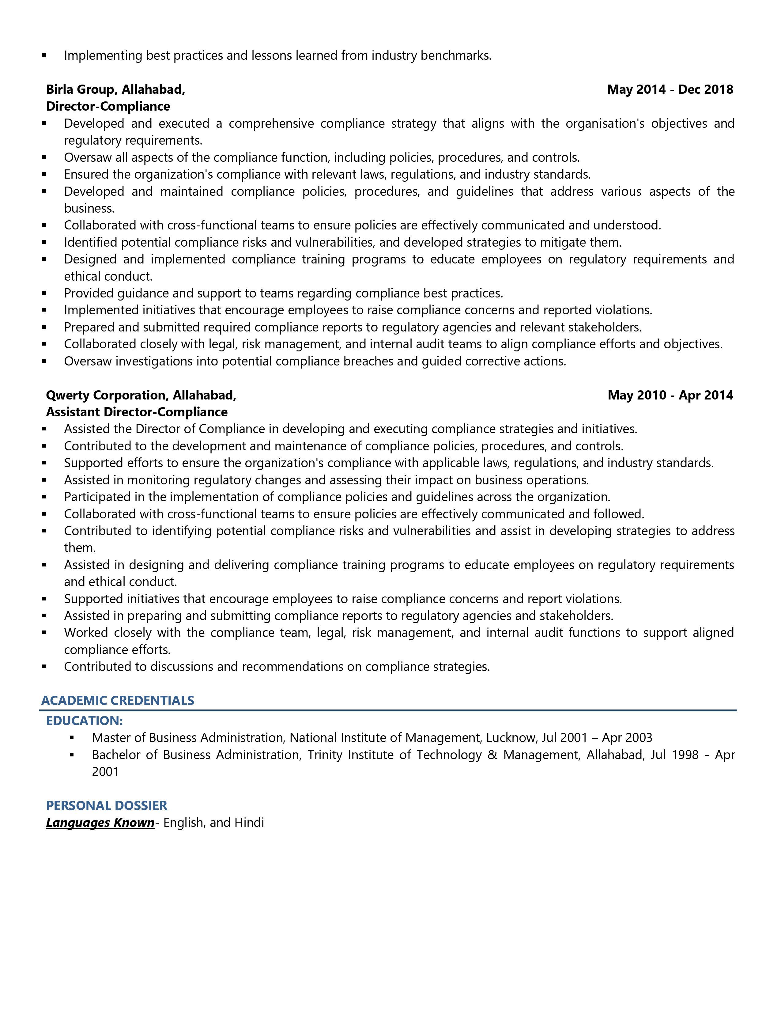 Chief Compliance Officer - Resume Example & Template