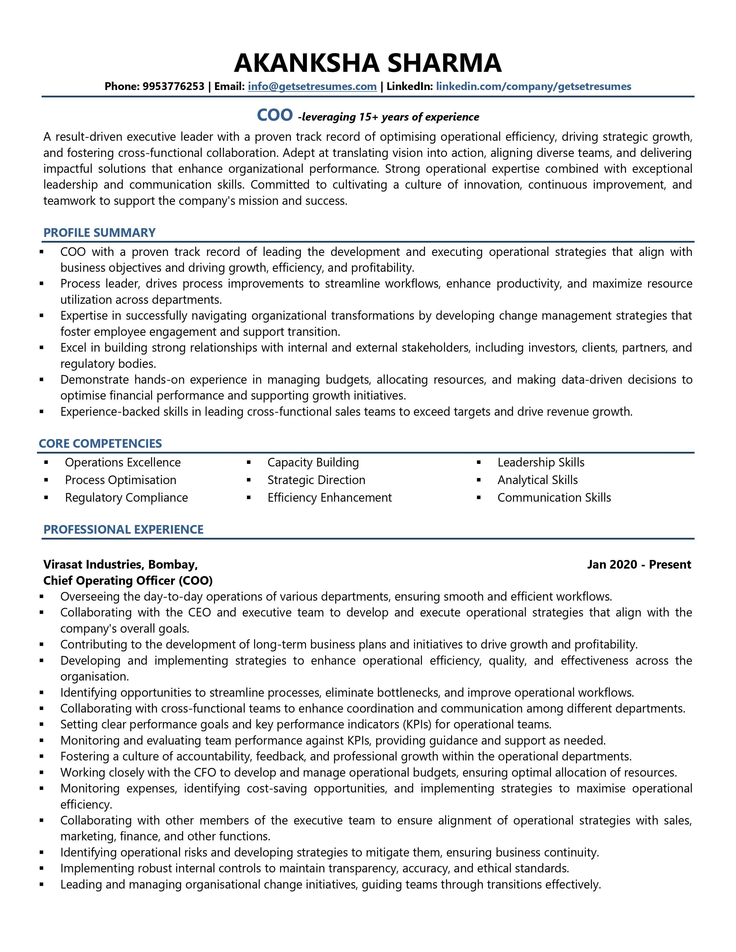 Chief Operating Officer (COO) - Resume Example & Template