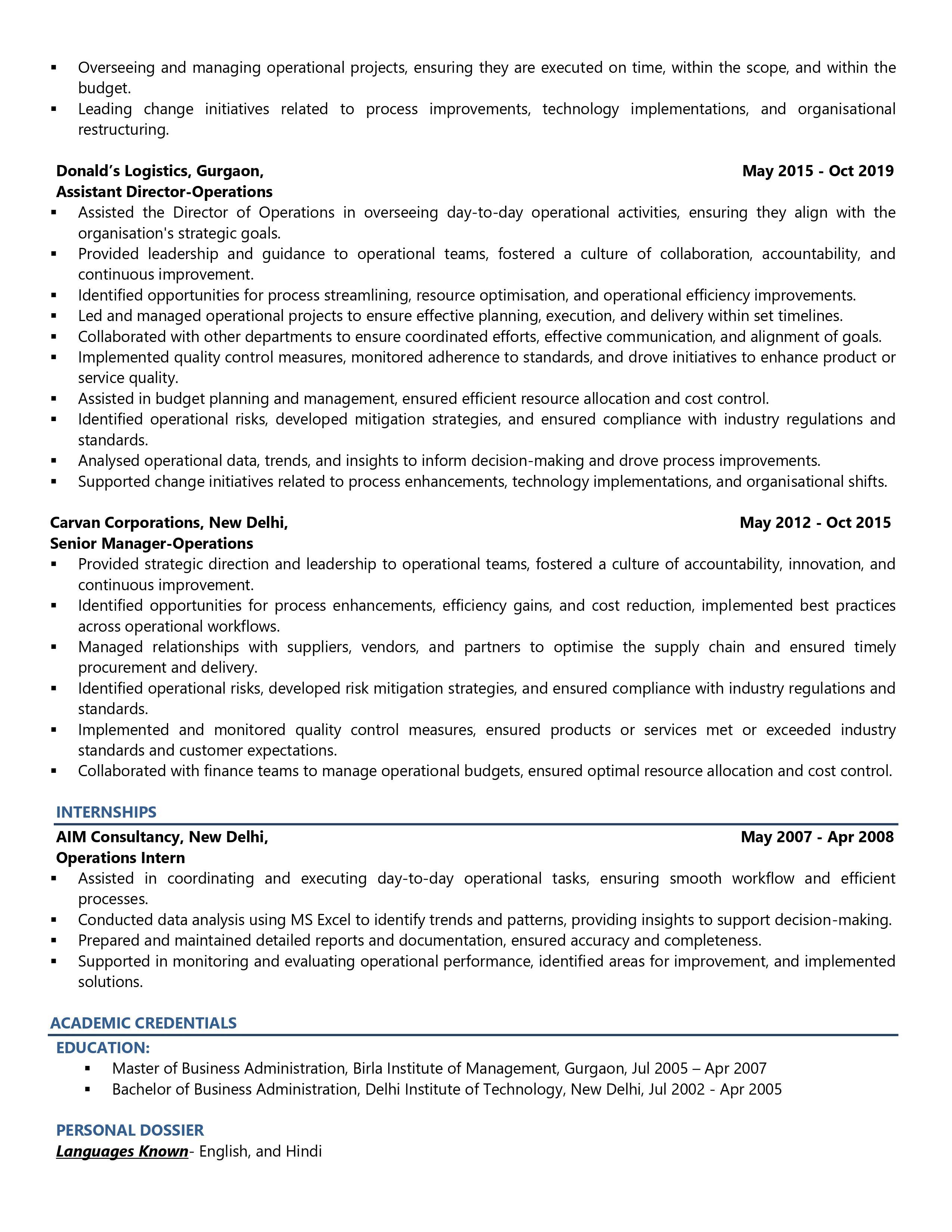 Director Operations - Resume Example & Template