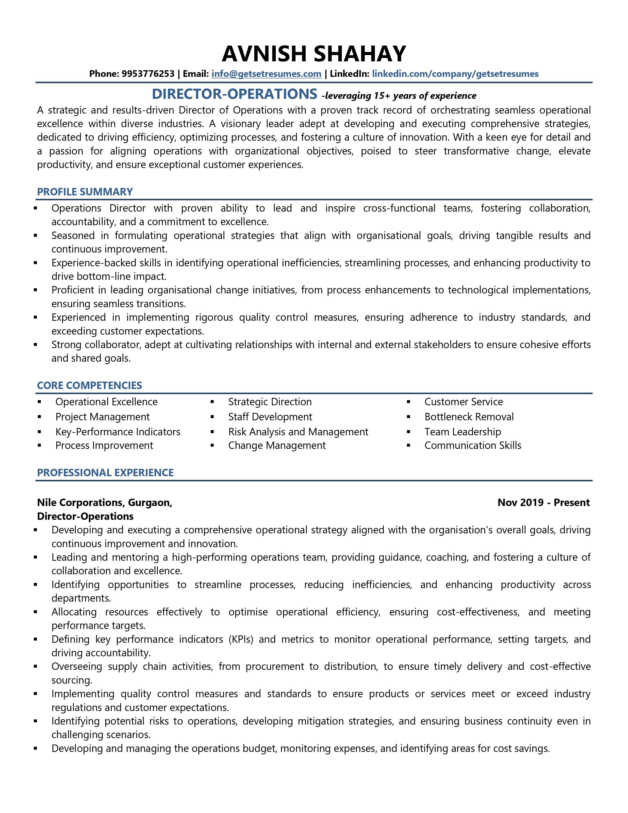 Director Operations - Resume Example & Template