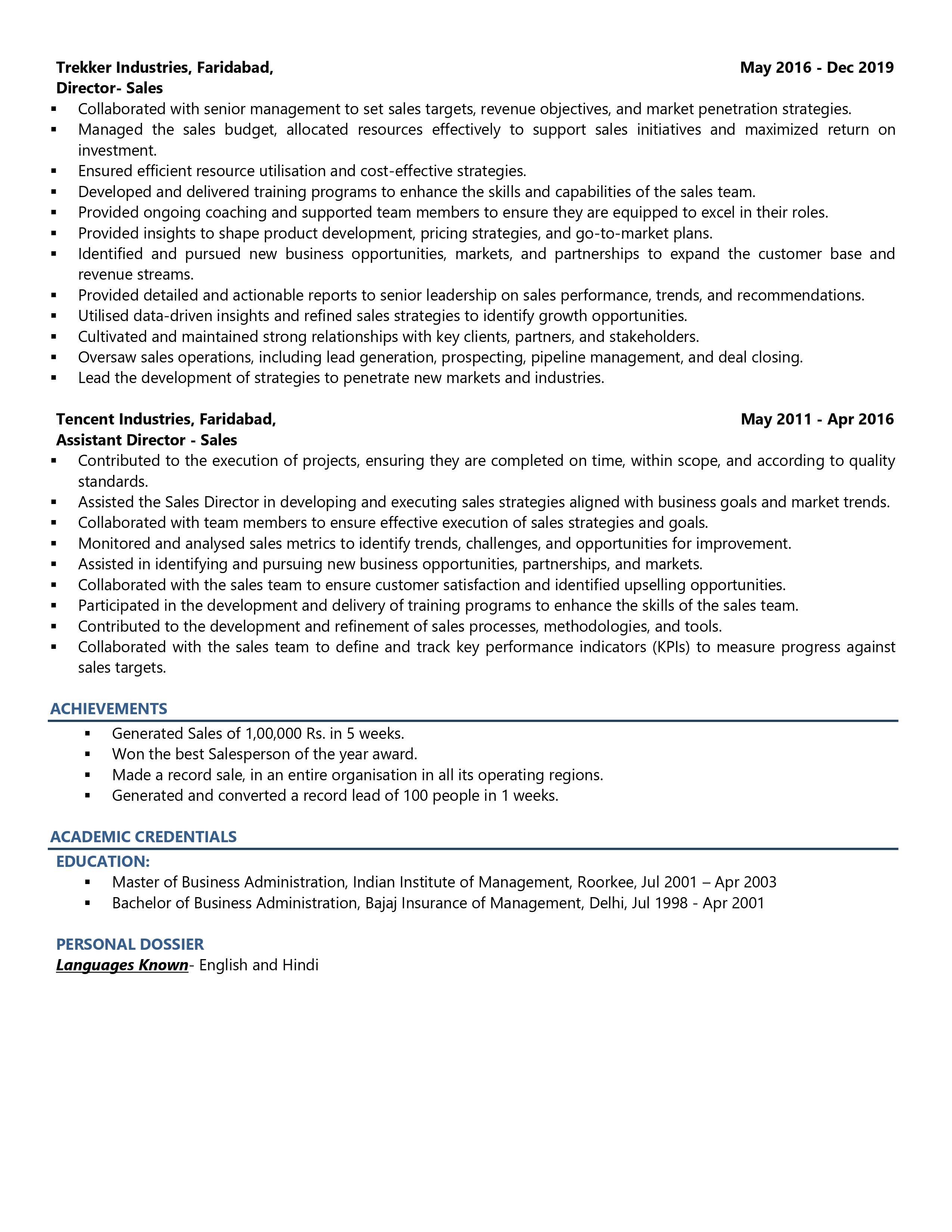 Chief Sales Officer - Resume Example & Template