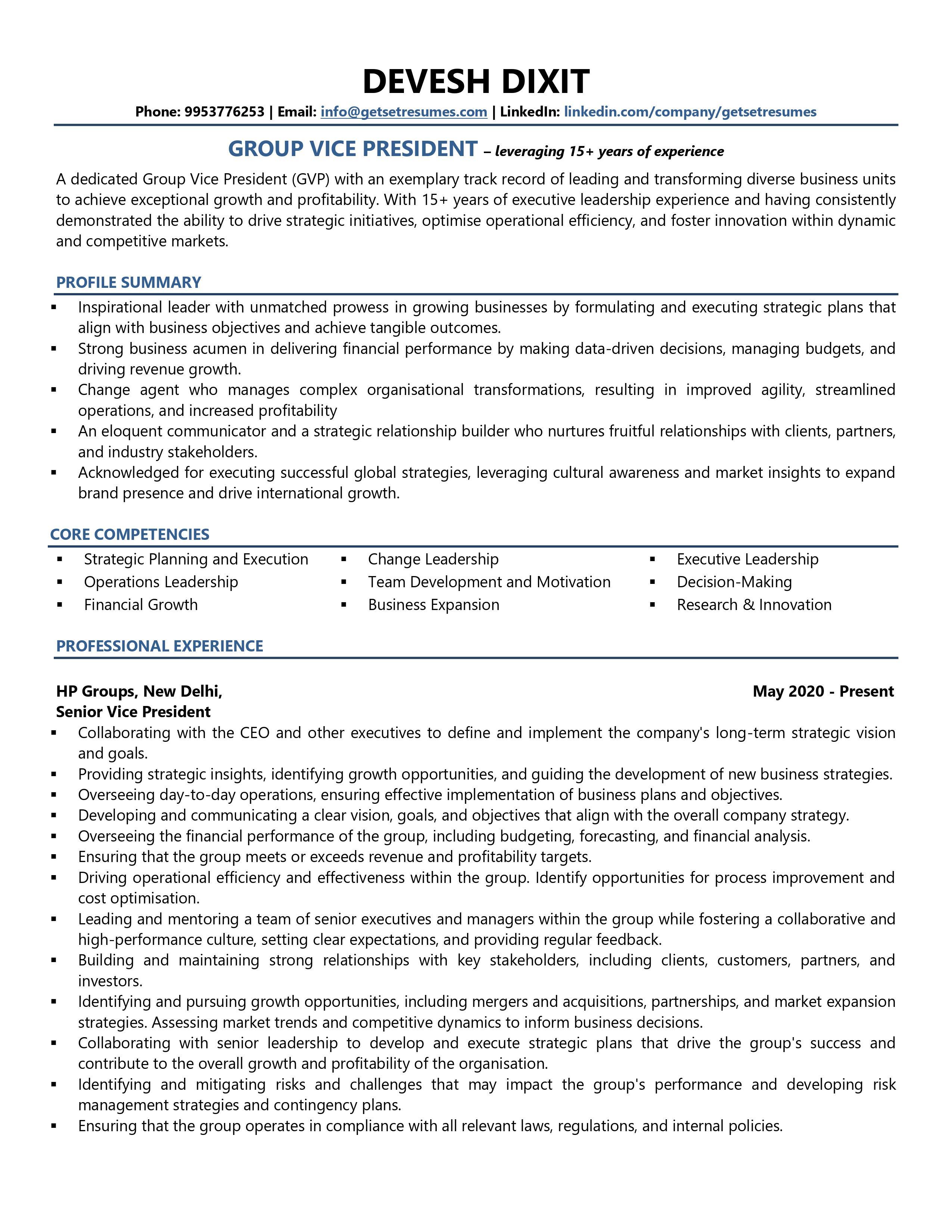 Group Vice President - Resume Example & Template