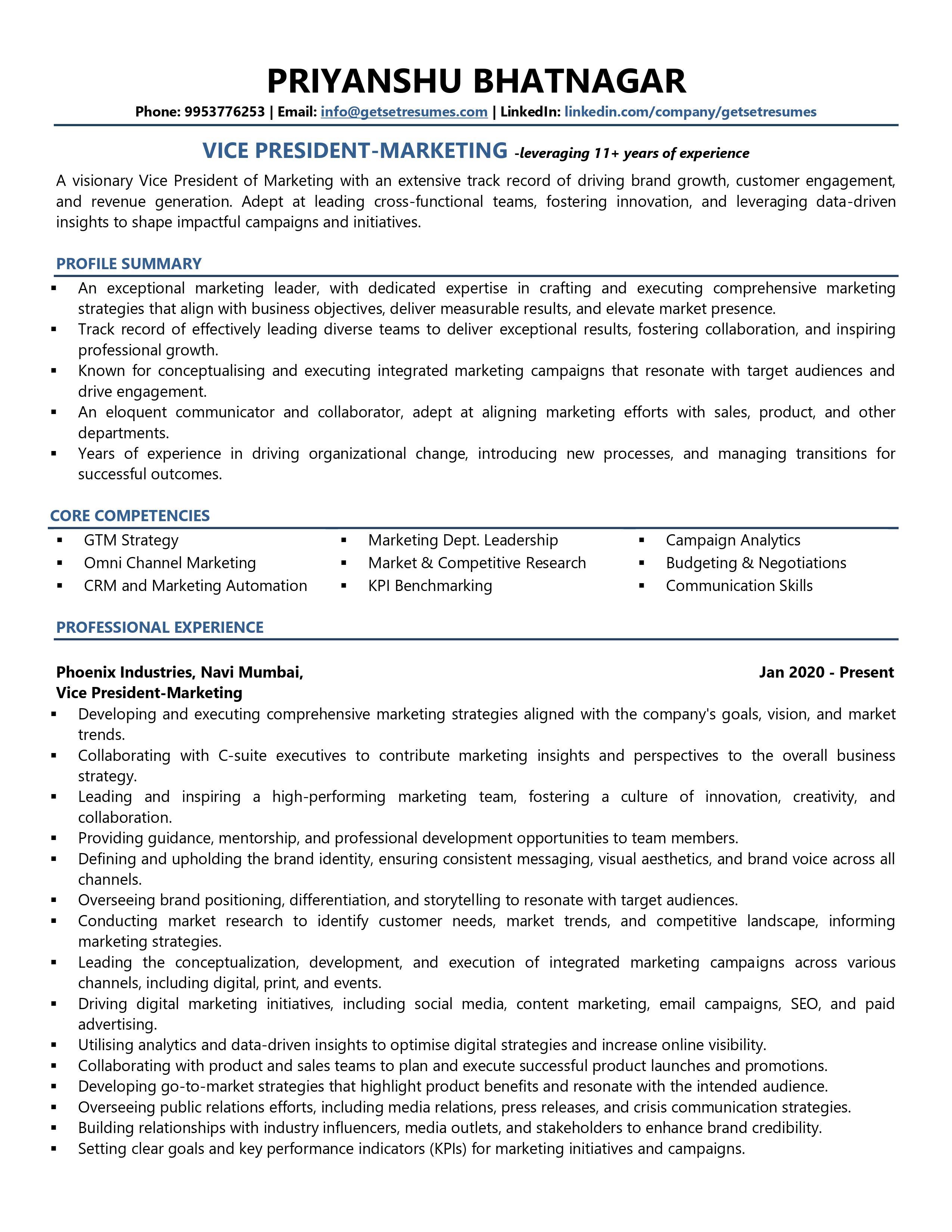 VP-Marketing - Resume Example & Template