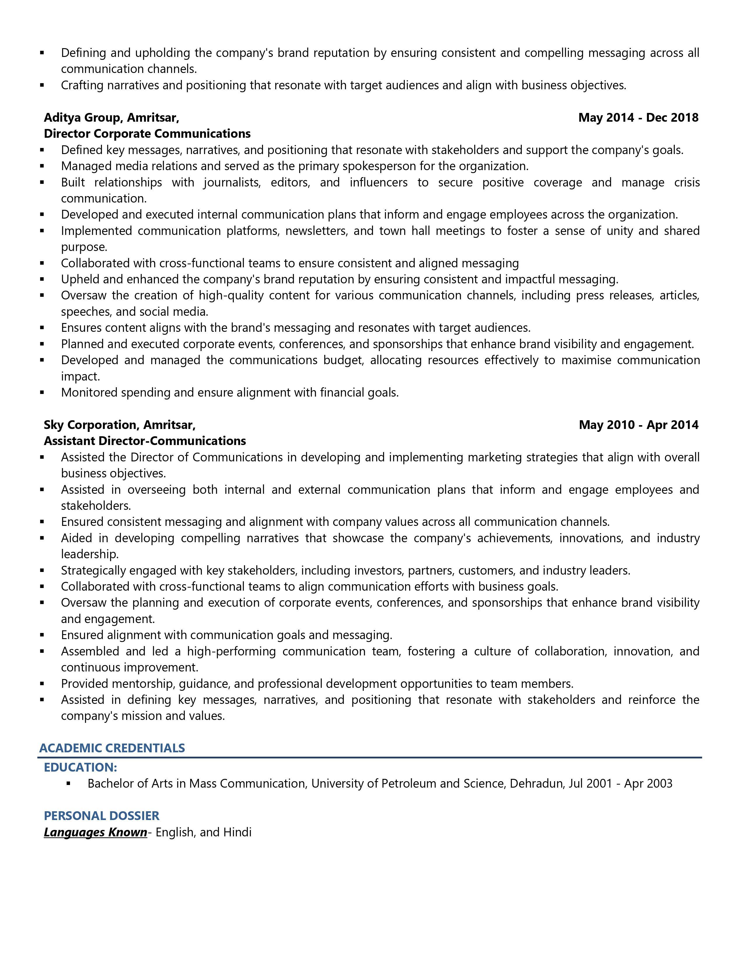 Chief Communication Officer - Resume Example & Template