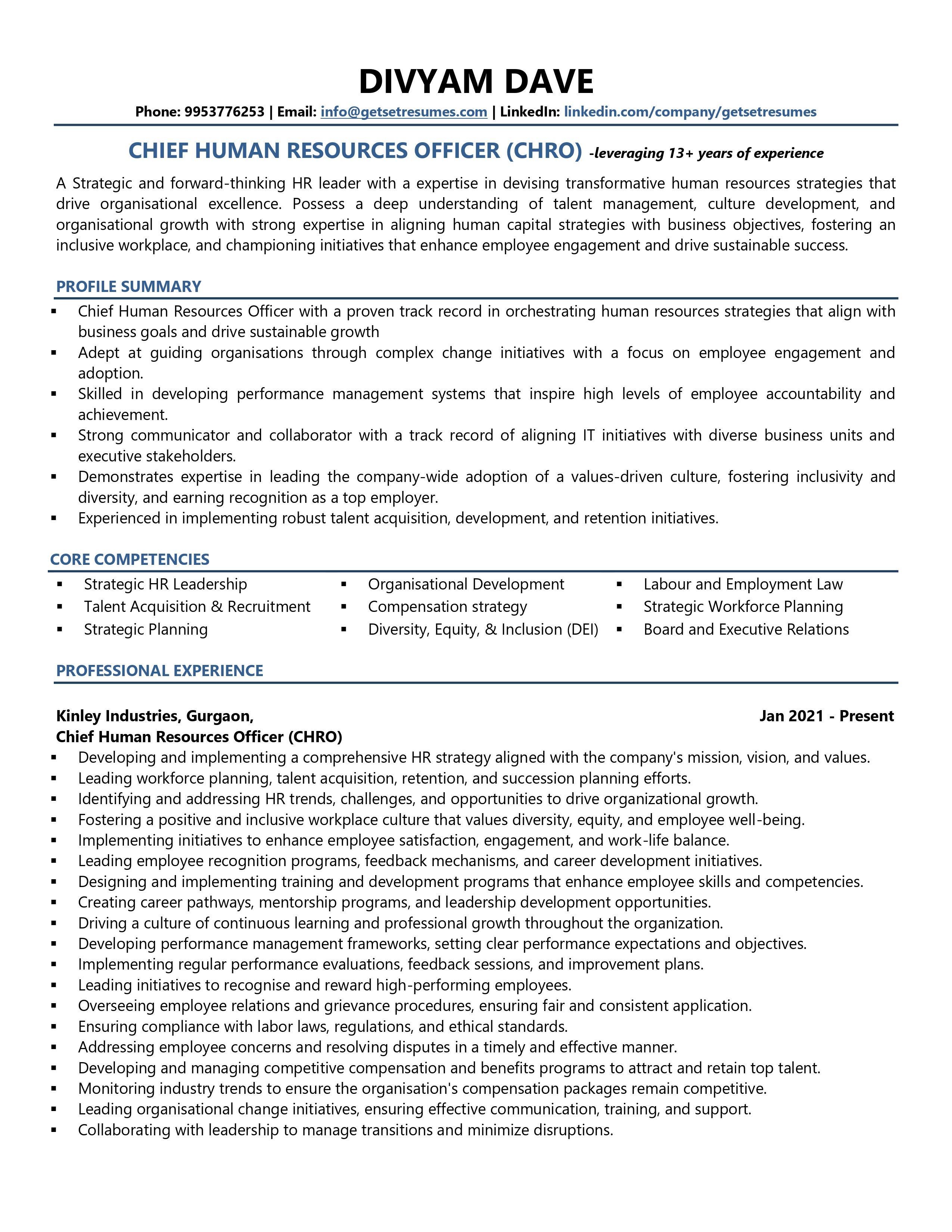 Chief Human Resources Officer - Resume Example & Template