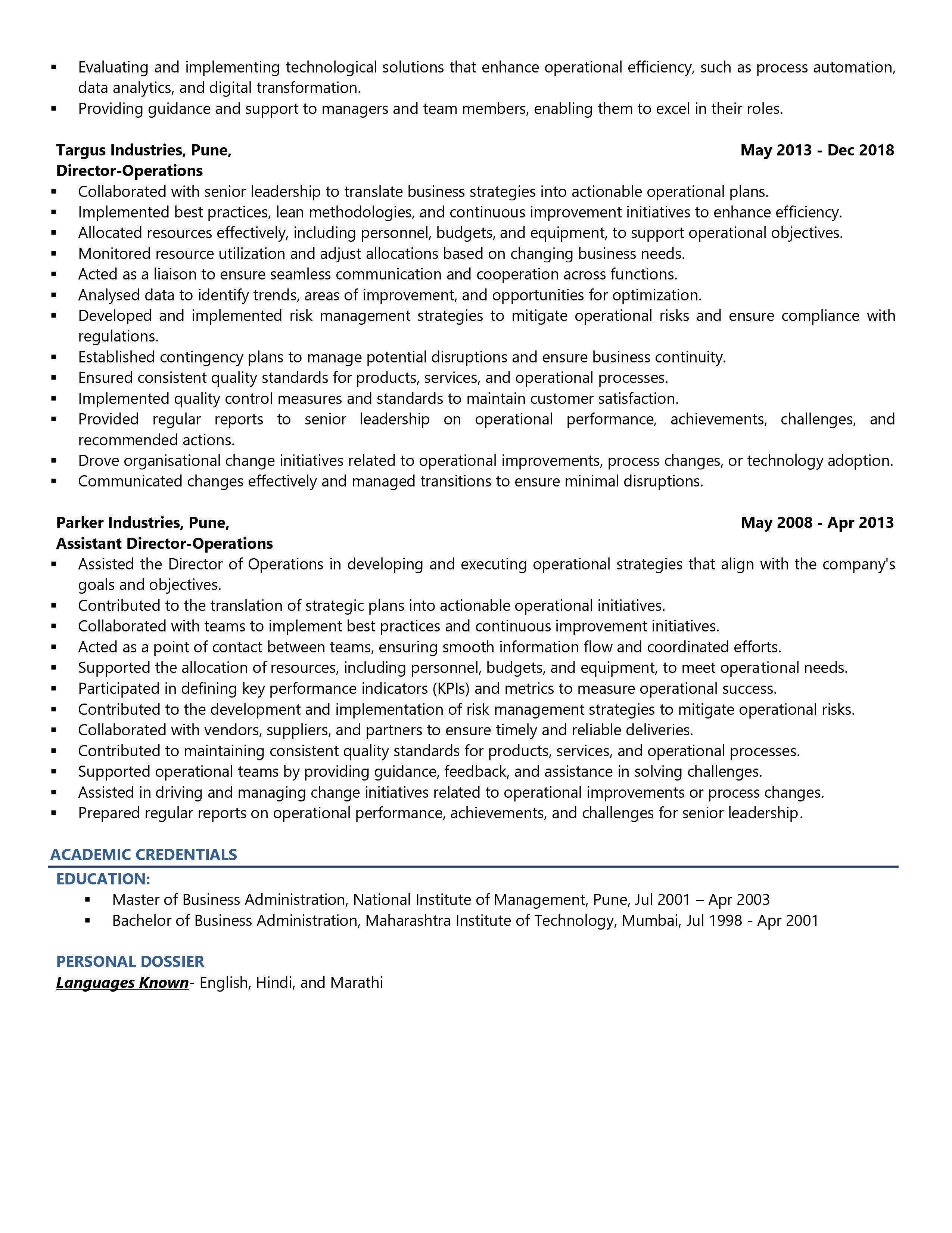 VP-Operations - Resume Example & Template