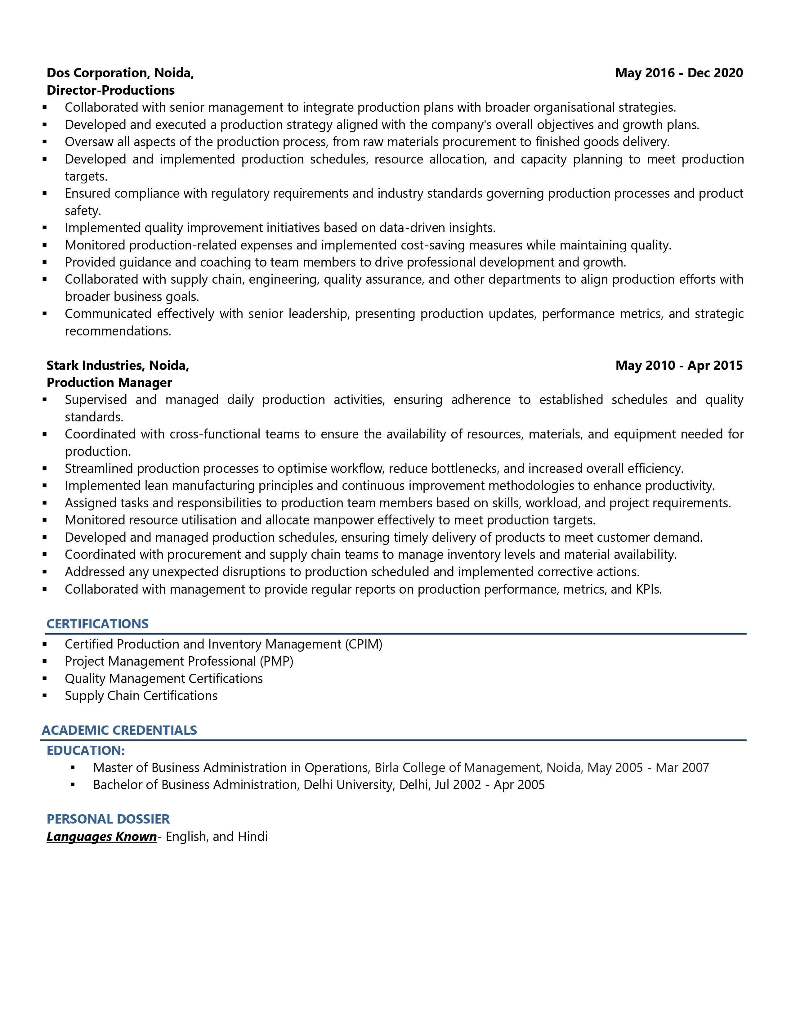 VP-Production - Resume Example & Template