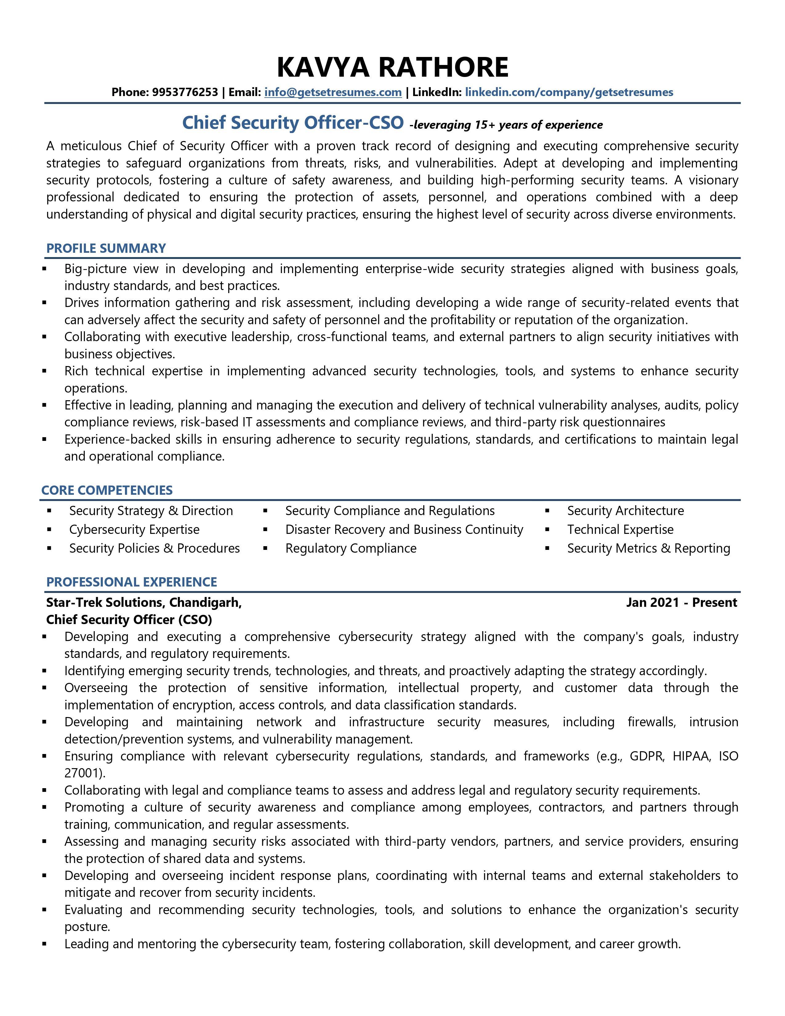 Chief Security Officer - Resume Example & Template