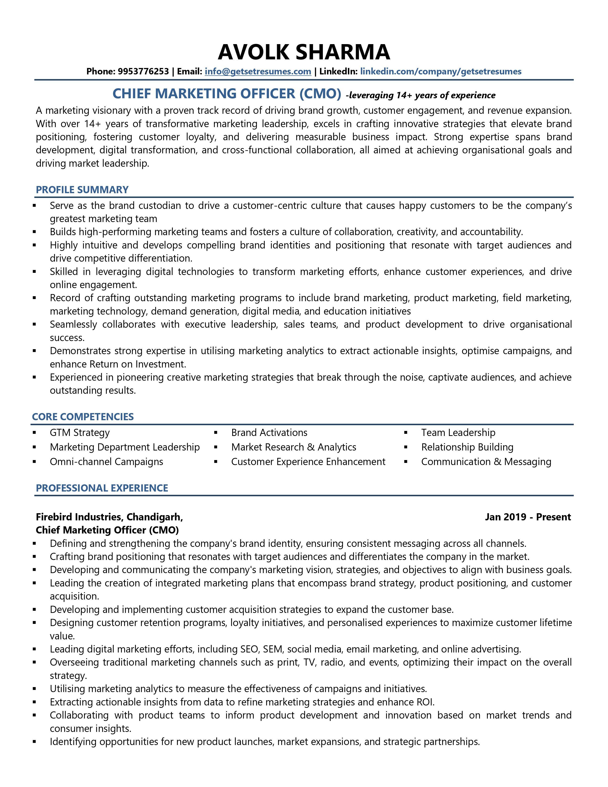 Chief Marketing Officer (CMO) - Resume Example & Template