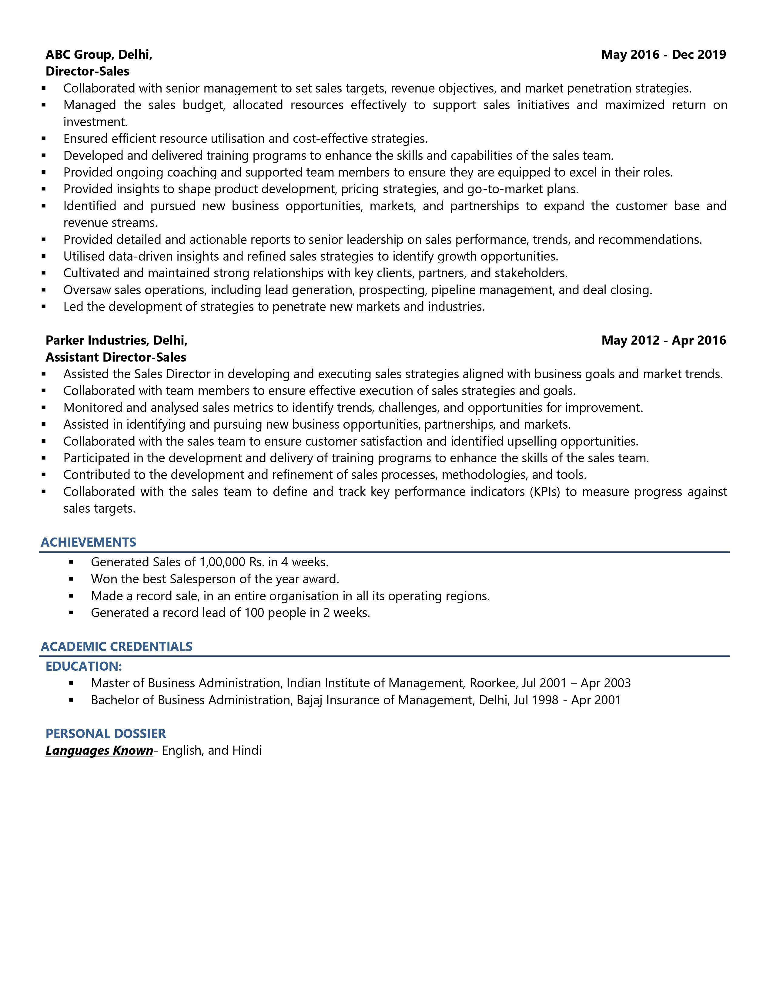 VP-Sales - Resume Example & Template