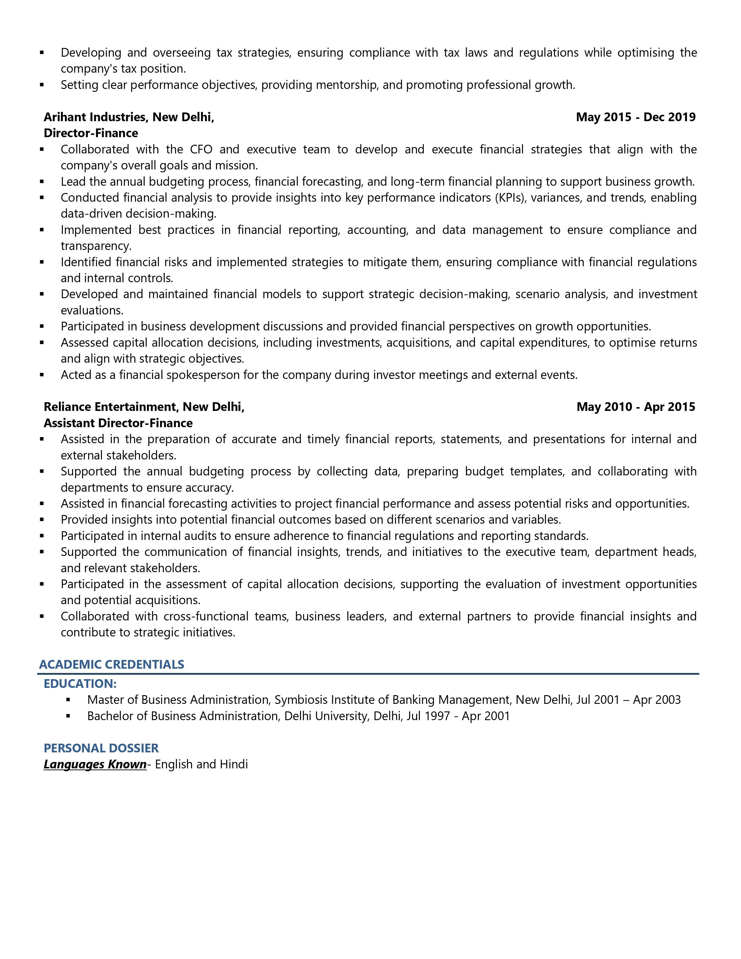 Chief Financial Officer - Resume Example & Template