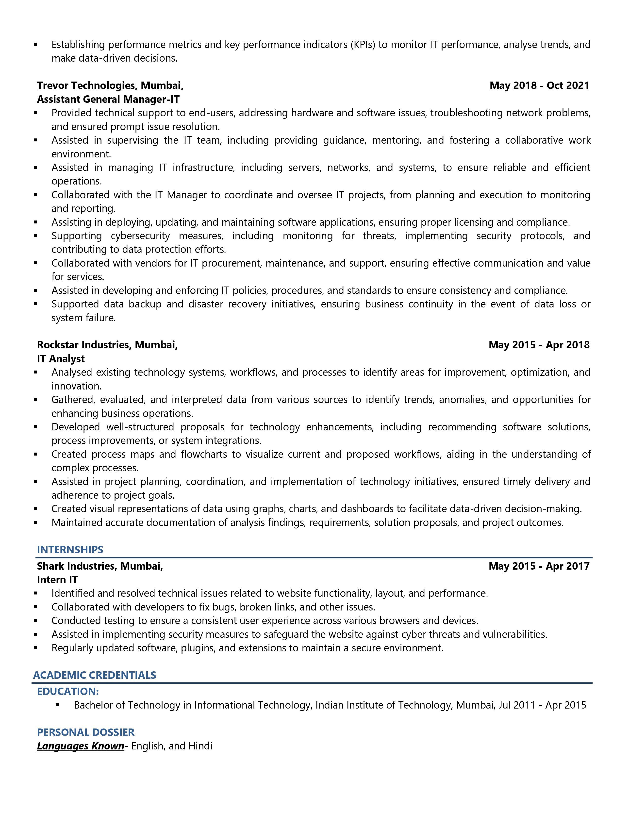 General Manager IT - Resume Example & Template