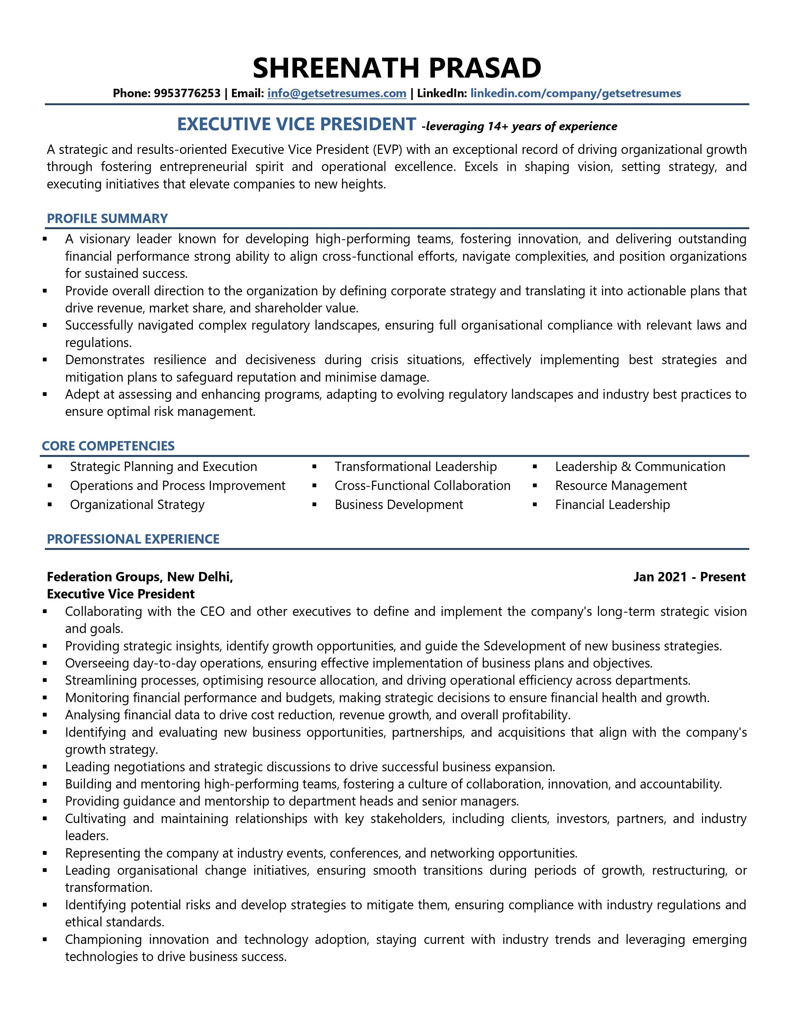 Executive Vice President - Resume Example & Template