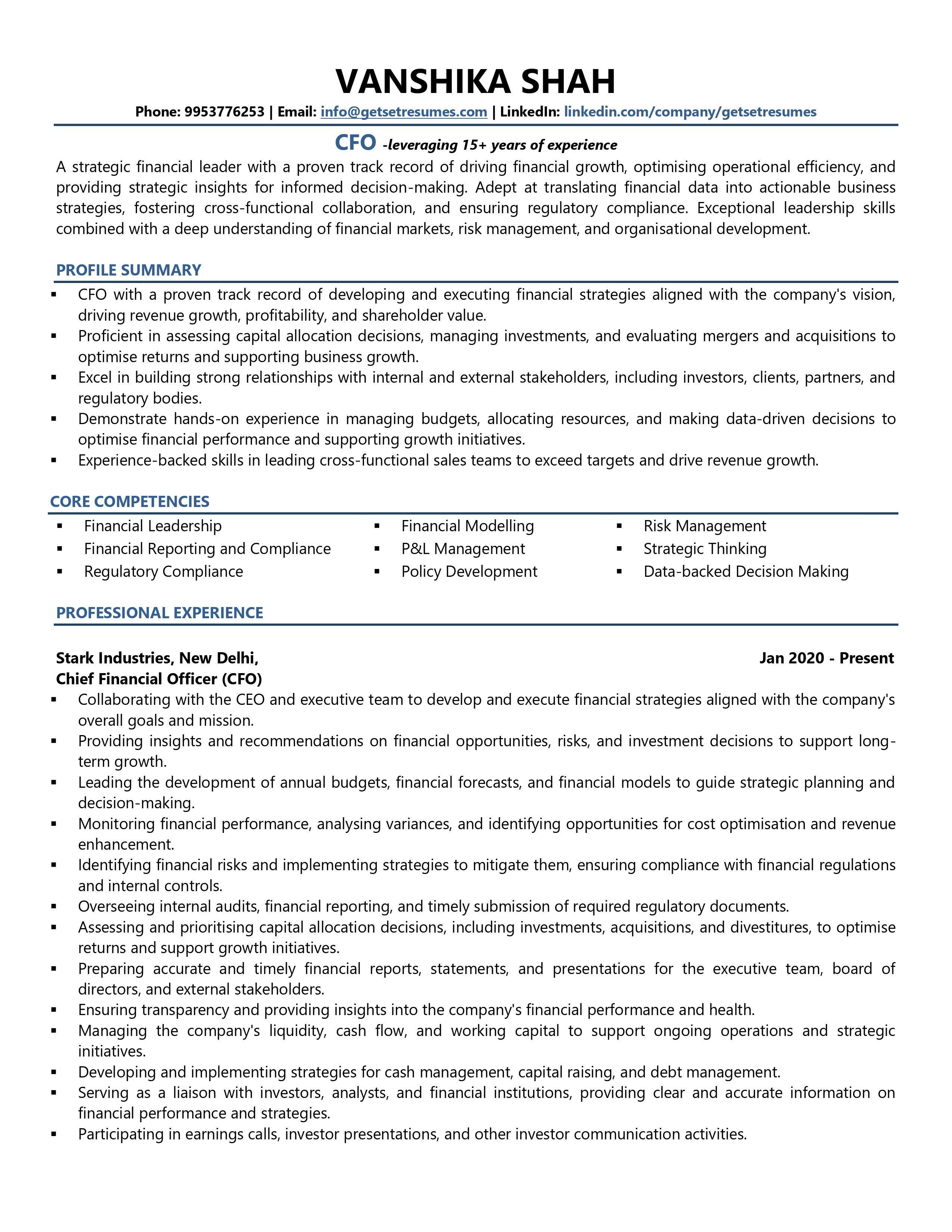 Chief Financial Officer - Resume Example & Template