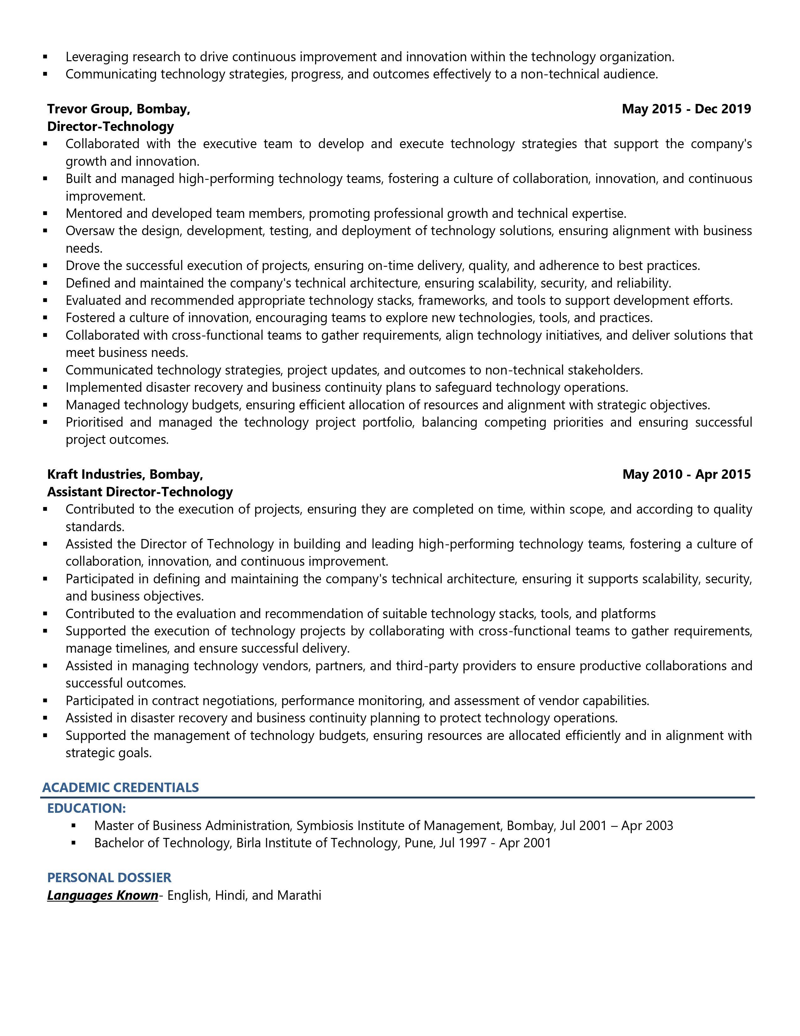Chief Technology Officer (CTO) - Resume Example & Template