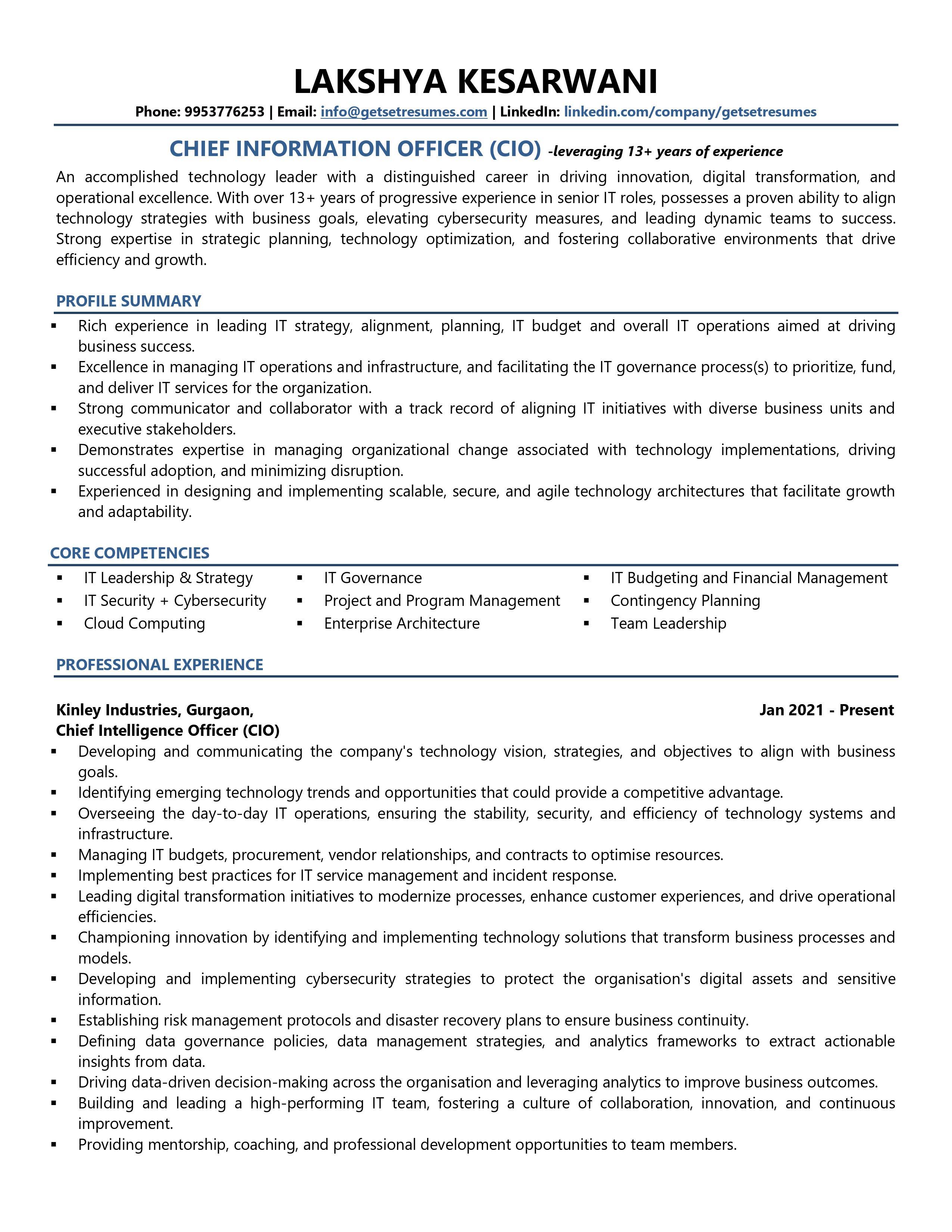 Chief Information Officer (CIO) - Resume Example & Template