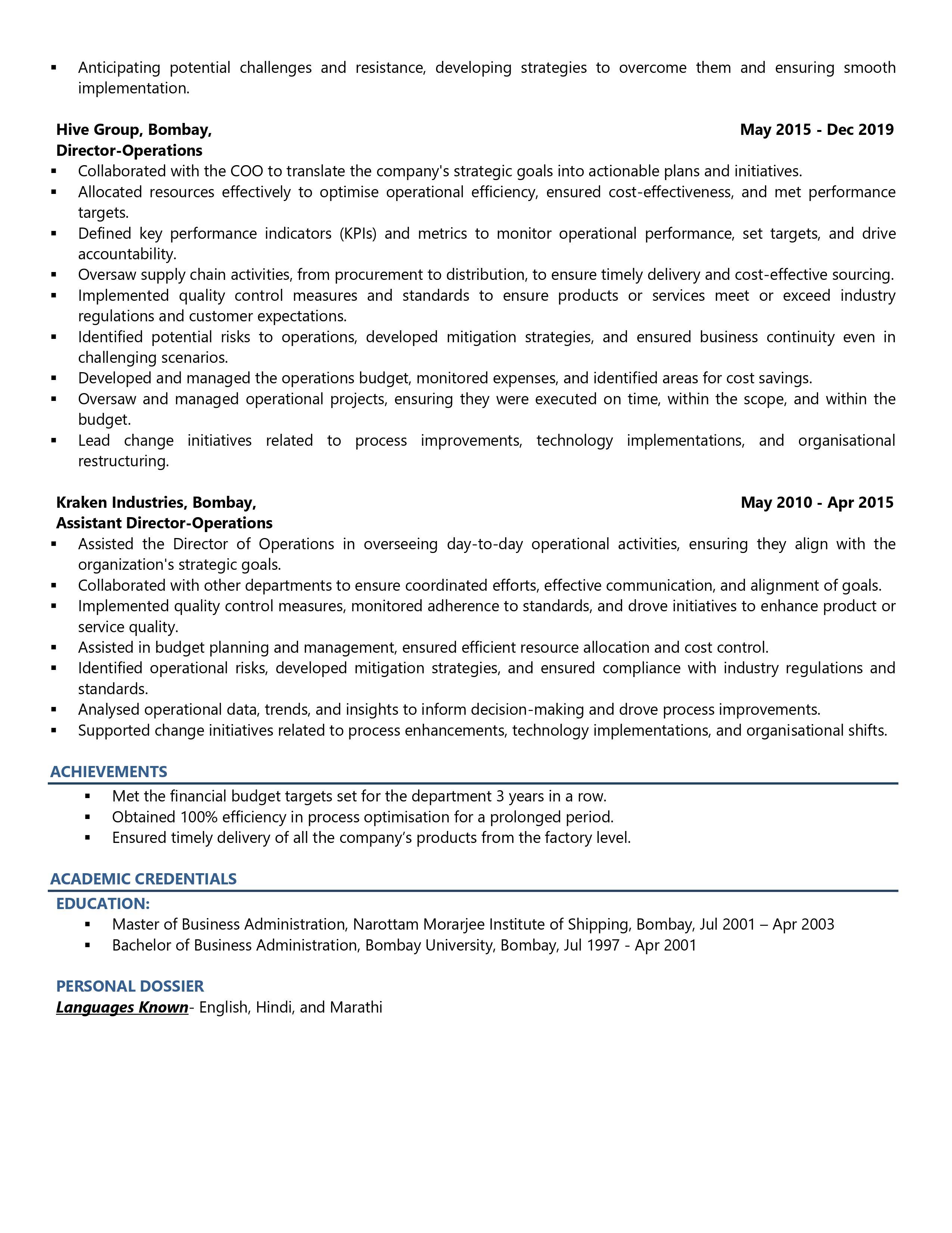 Chief Operating Officer (COO) - Resume Example & Template