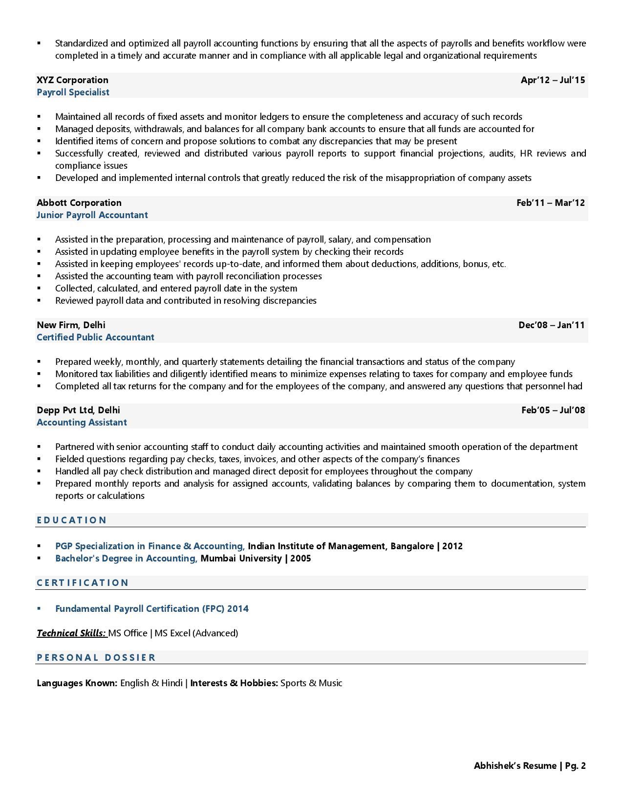 accountant resume format in excel