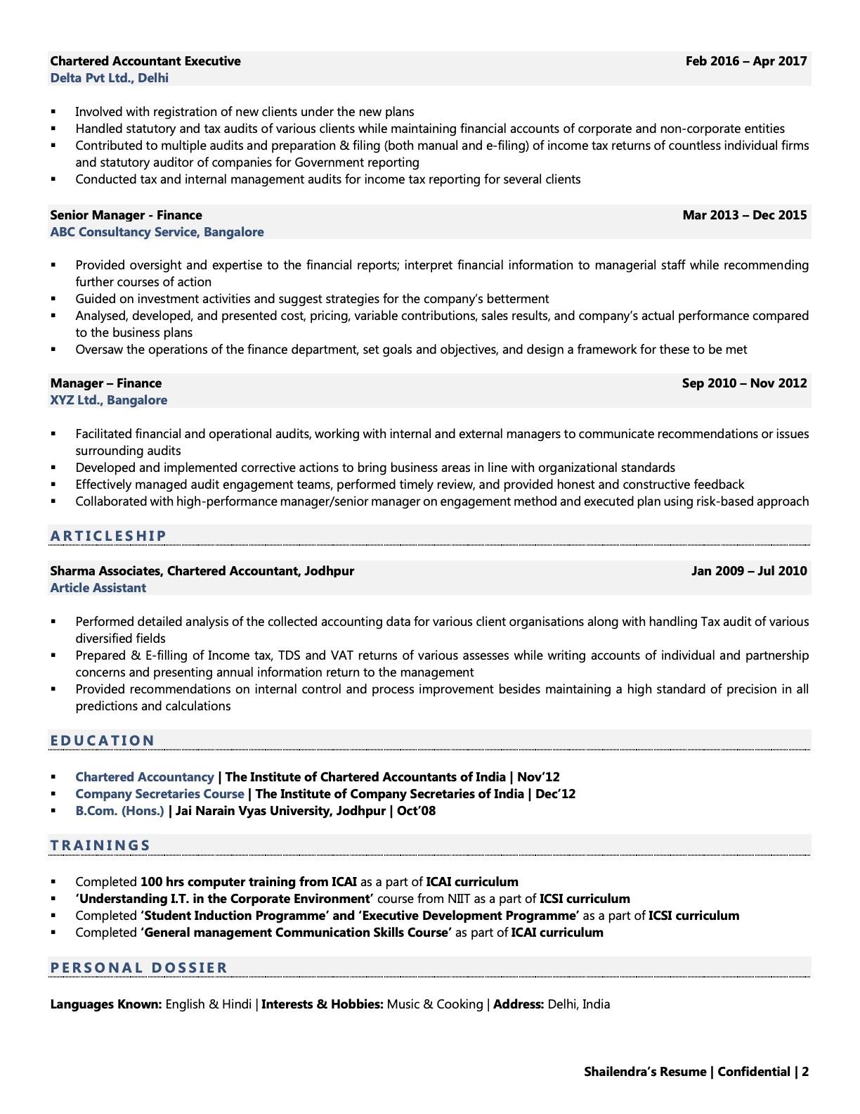 Chartered Accountant (CA) Resume Examples & Template (with job winning
