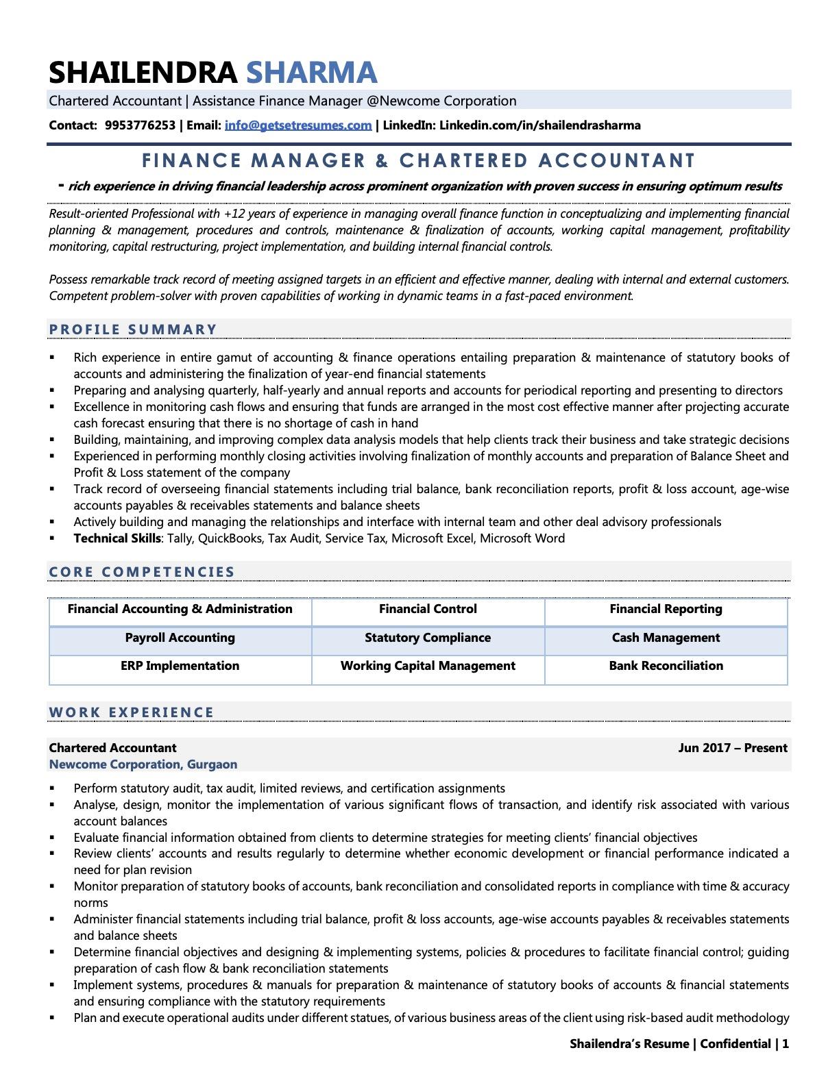 Chartered Accountant (CA) - Resume Example & Template