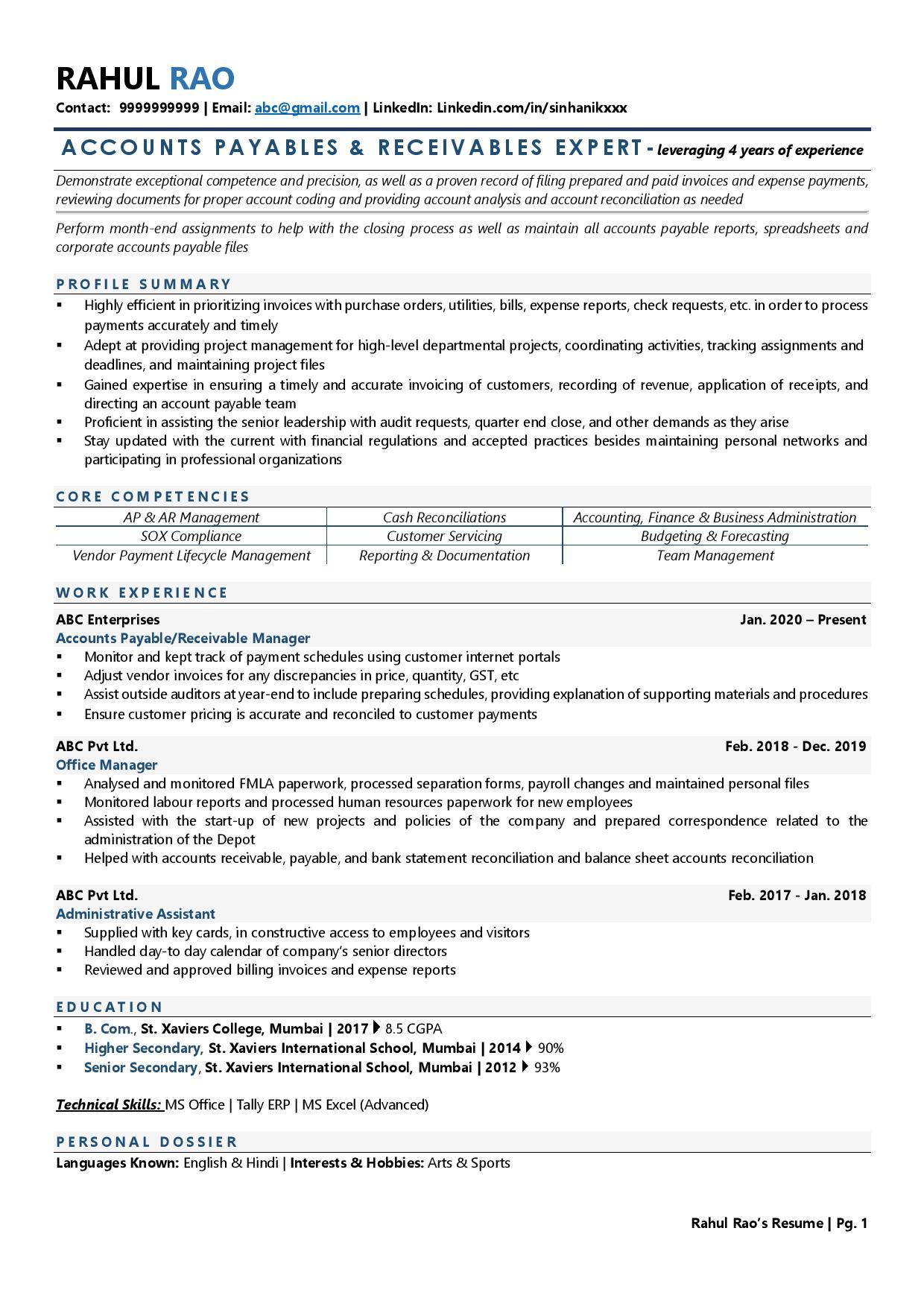 Accounts Payable & Receivable - Resume Example & Template